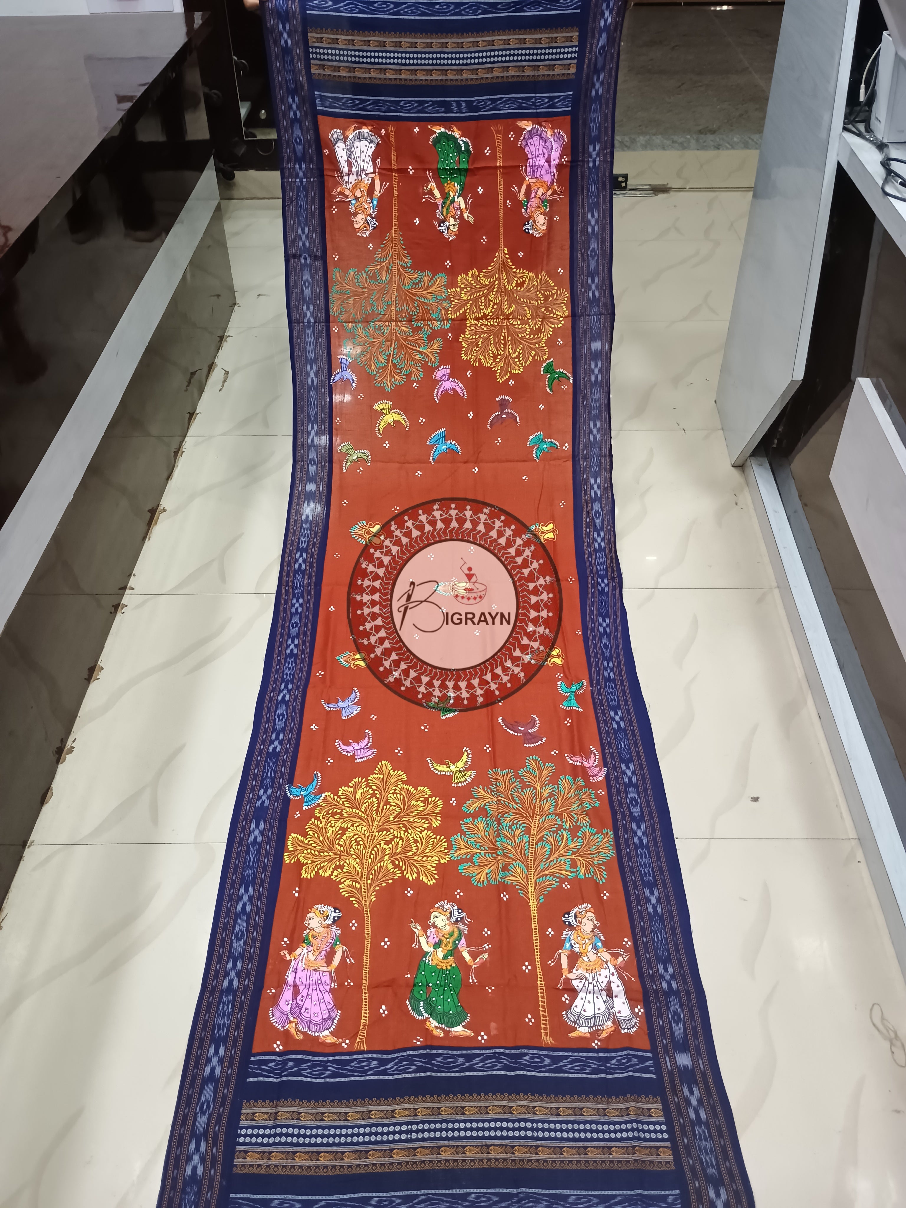 Maroon Indigo Blue Dancer Theme Pattachitra Cotton Dupatta