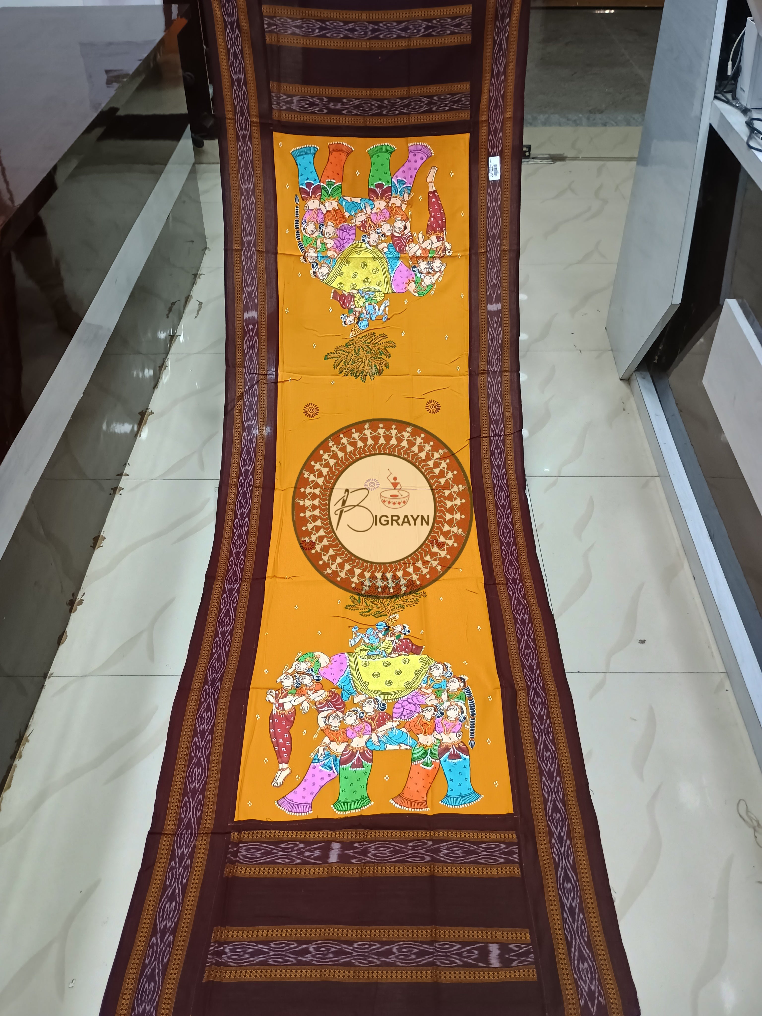 Yellow Brown Kandarp Hasti Pattachitra Cotton Dupatta