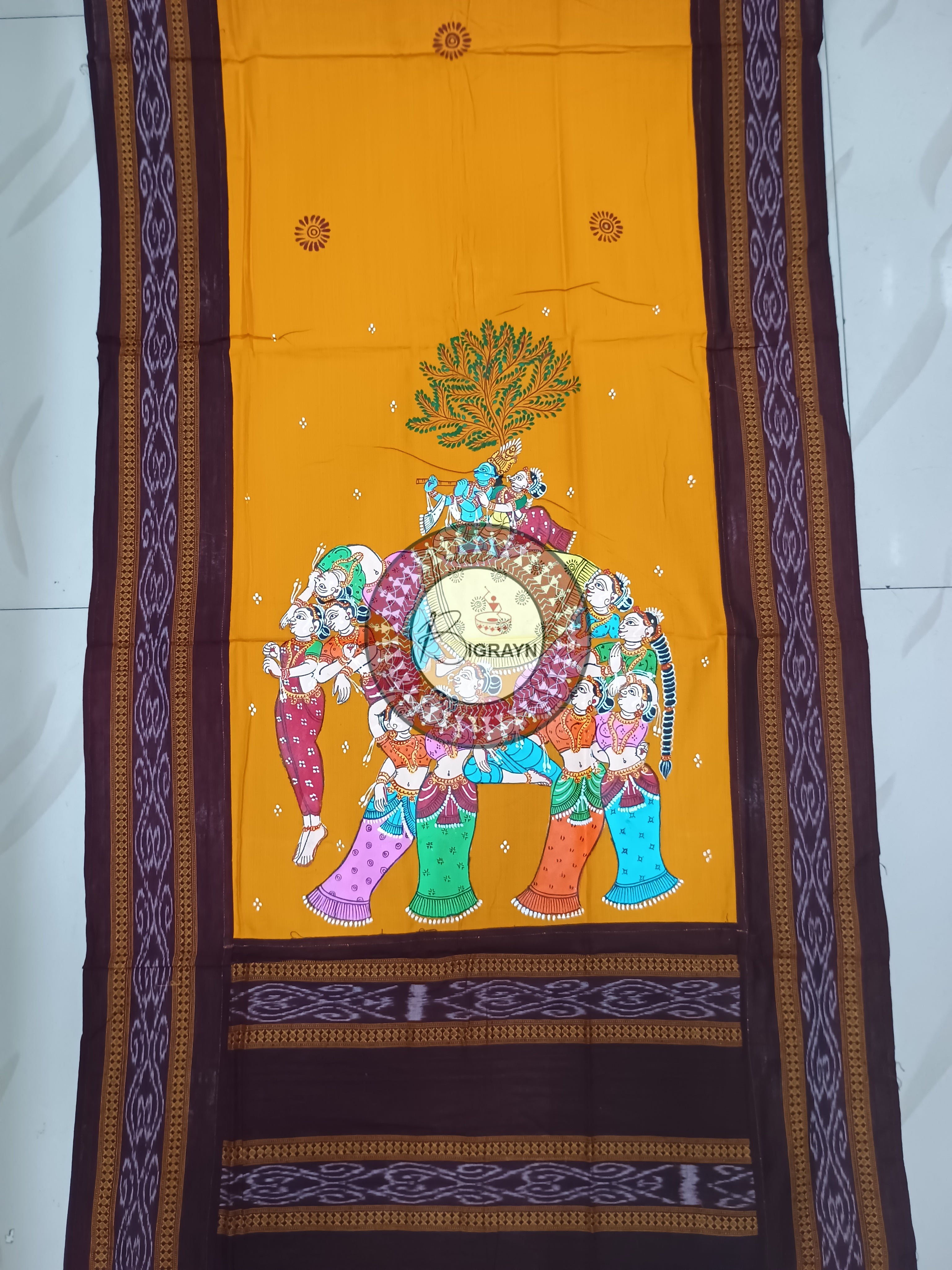 Yellow Brown Kandarp Hasti Pattachitra Cotton Dupatta