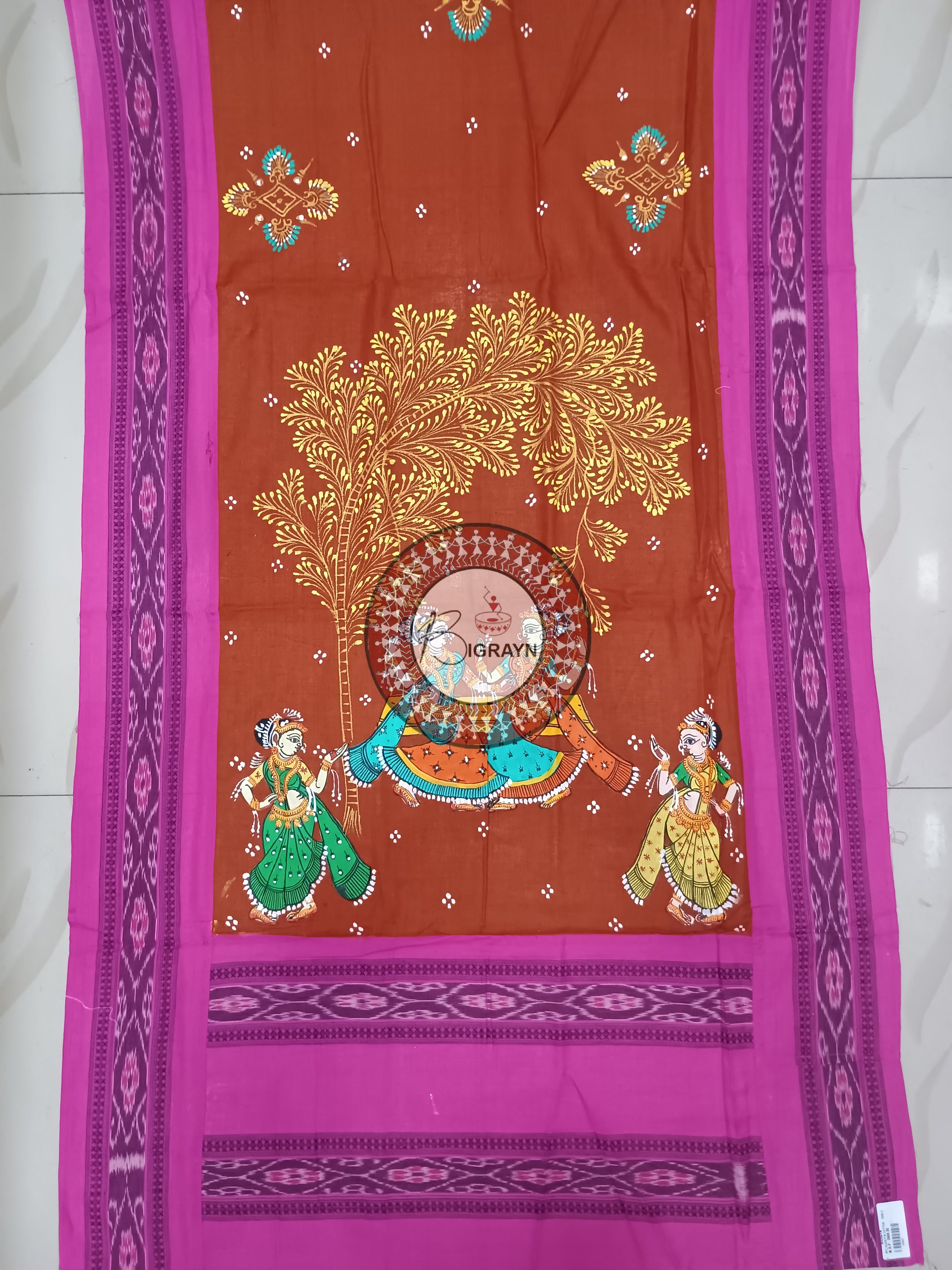 Brown Pink Raja Theme Pattachitra Cotton Dupatta