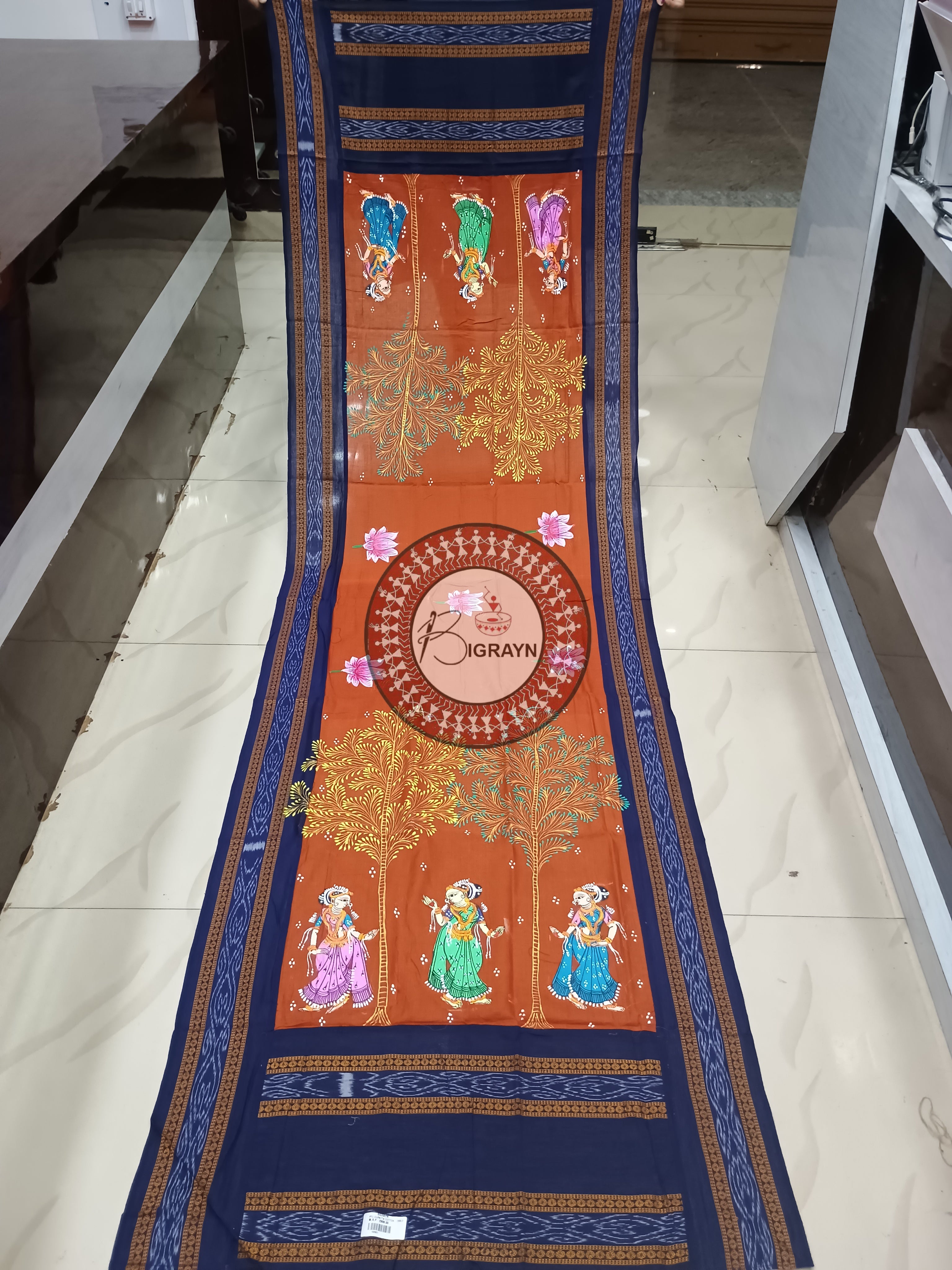 Maroon Indigo Blue Dancer Lotus Theme Pattachitra Cotton Dupatta
