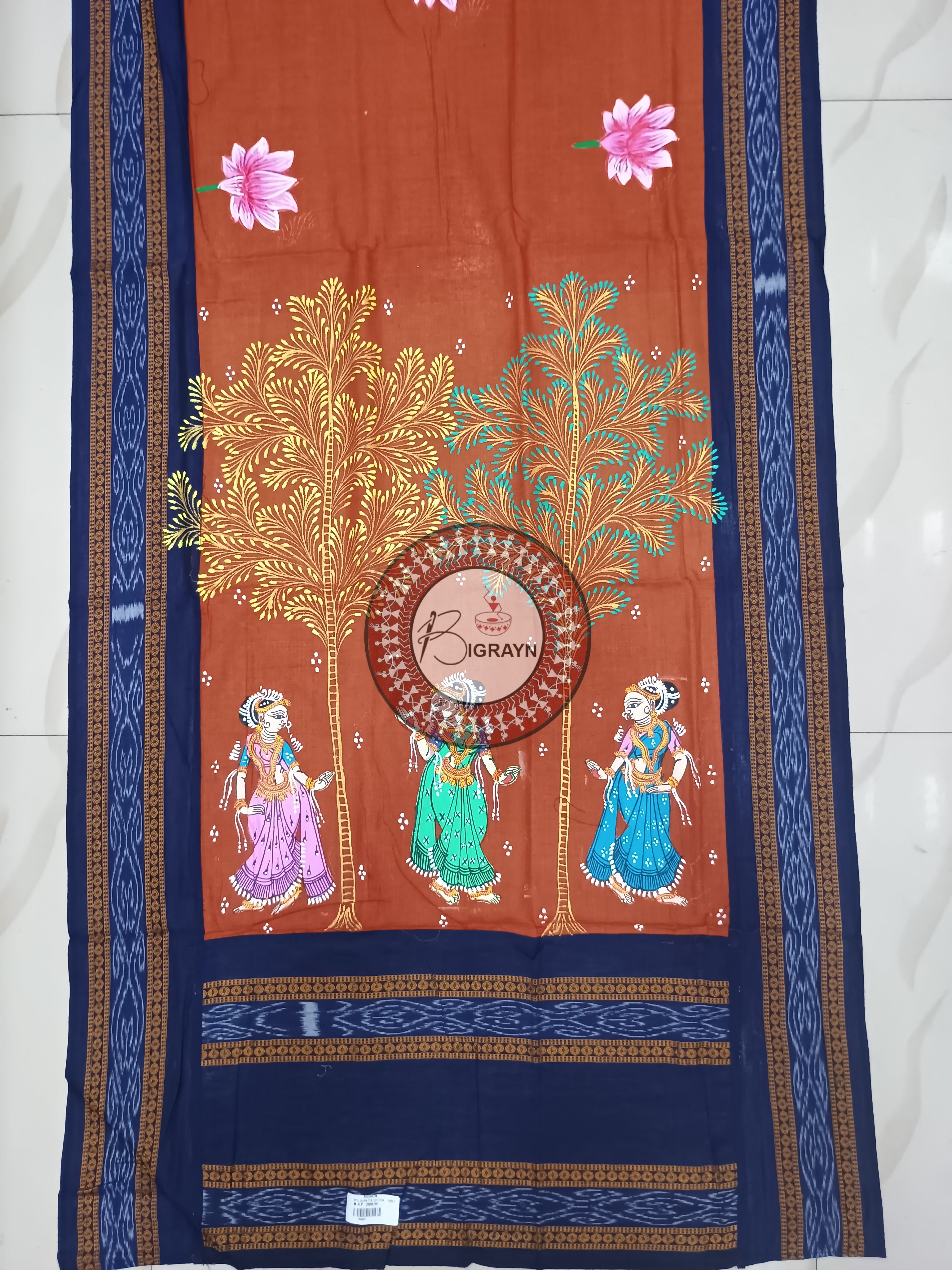 Maroon Indigo Blue Dancer Lotus Theme Pattachitra Cotton Dupatta