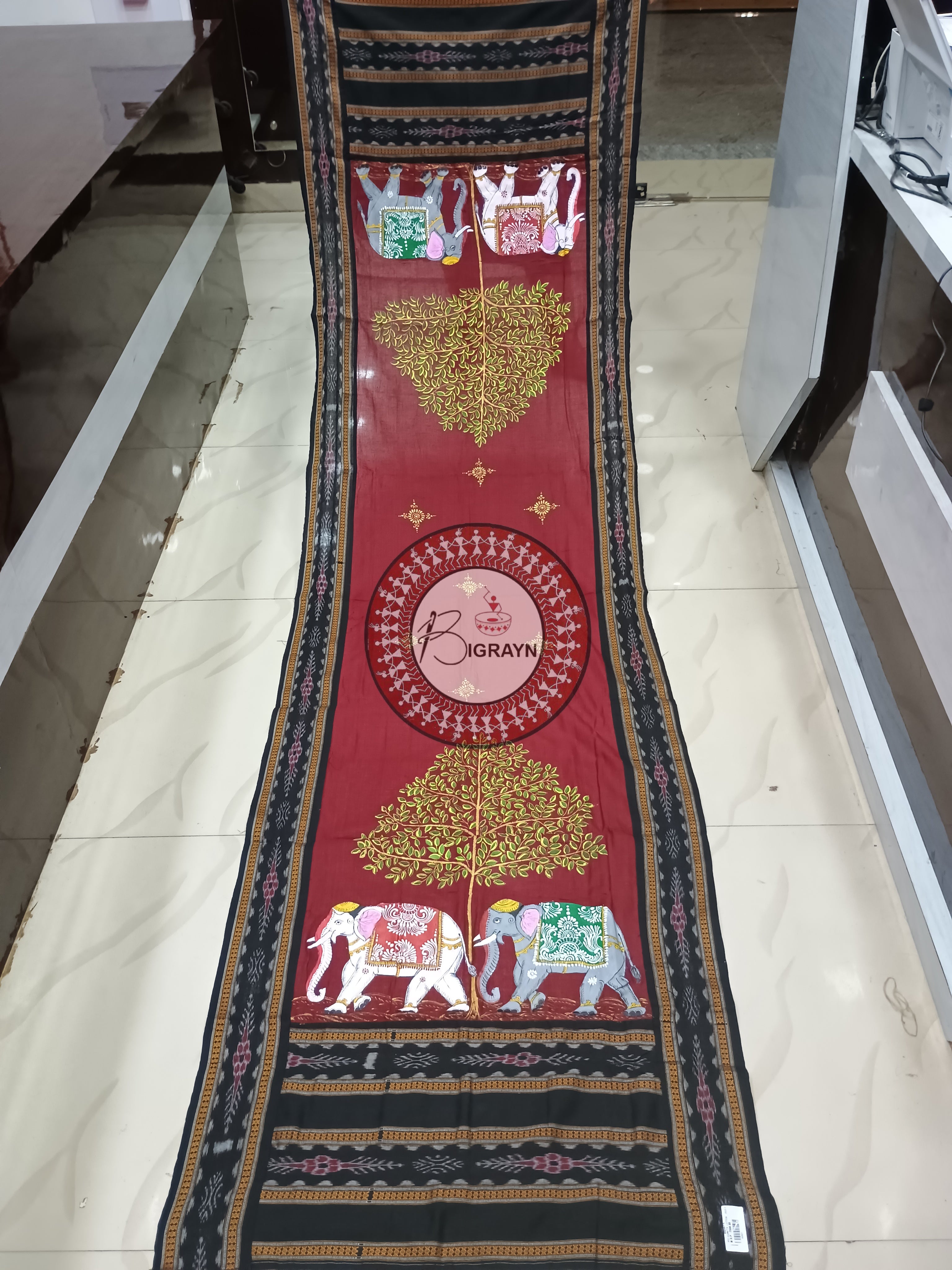 Maroon Black Elephant Theme Pattachitra Cotton Dupatta
