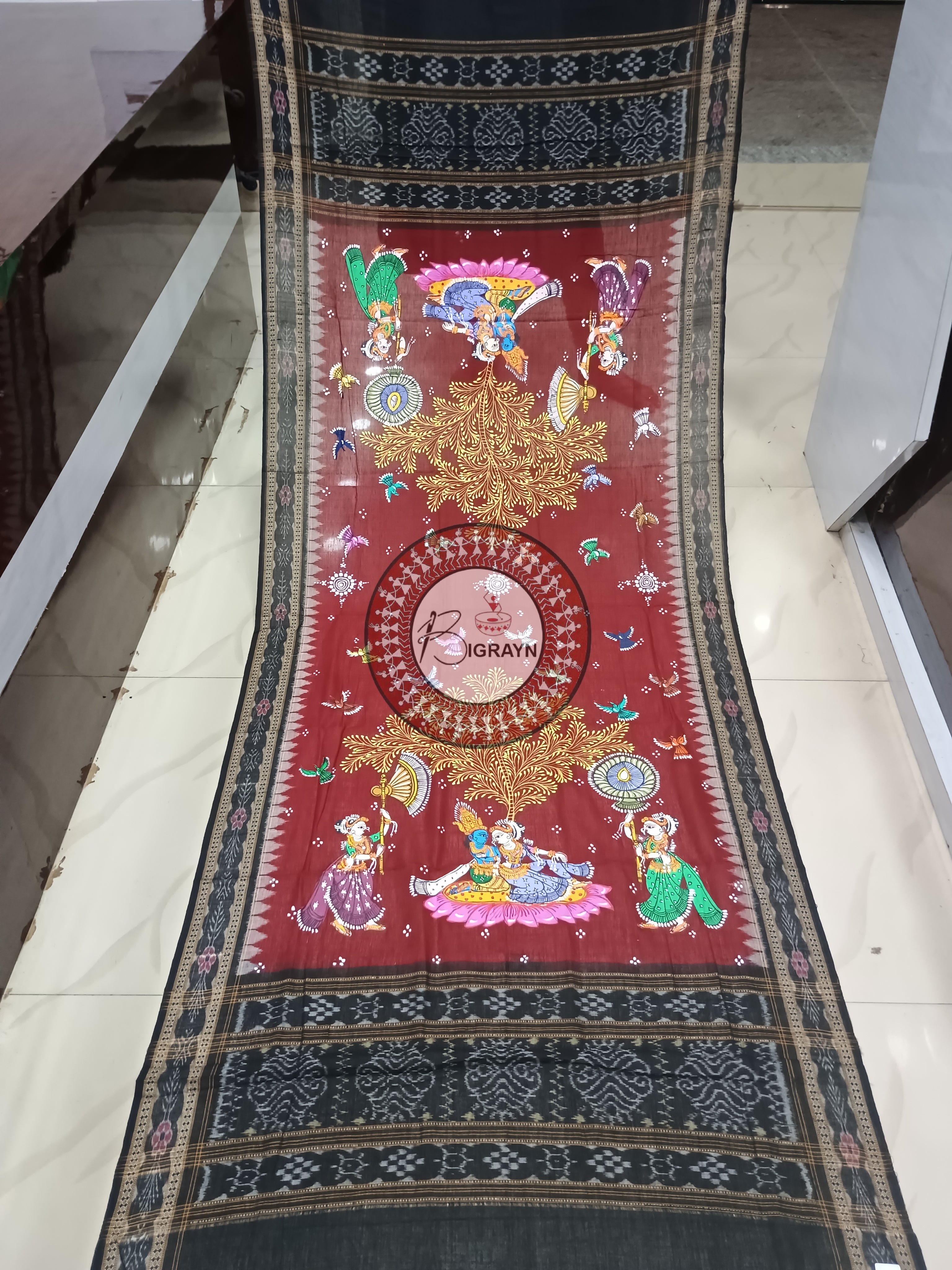 Maroon Black Radha Krishna Rasa Pattachitra Cotton Dupatta