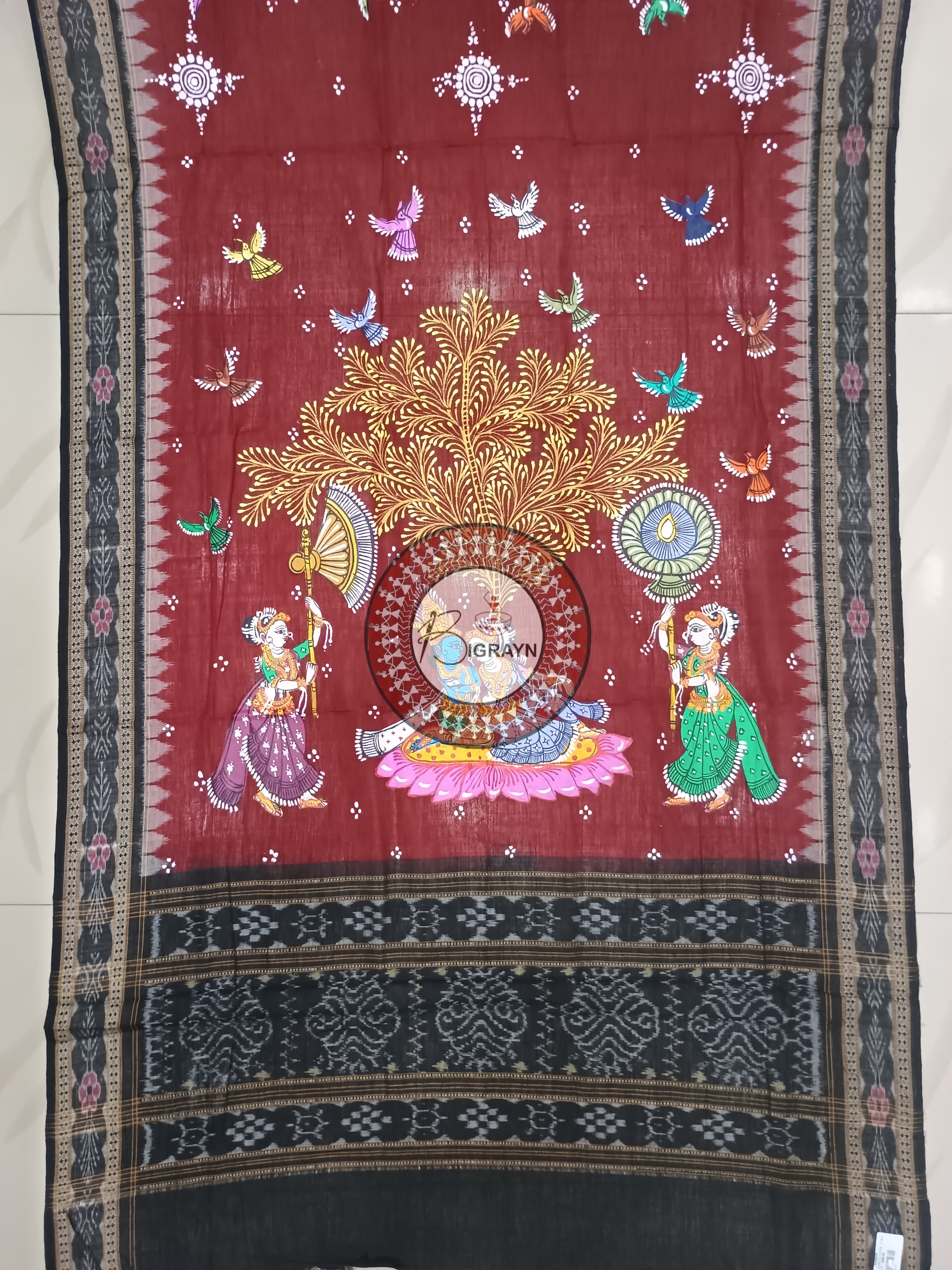 Maroon Black Radha Krishna Rasa Pattachitra Cotton Dupatta