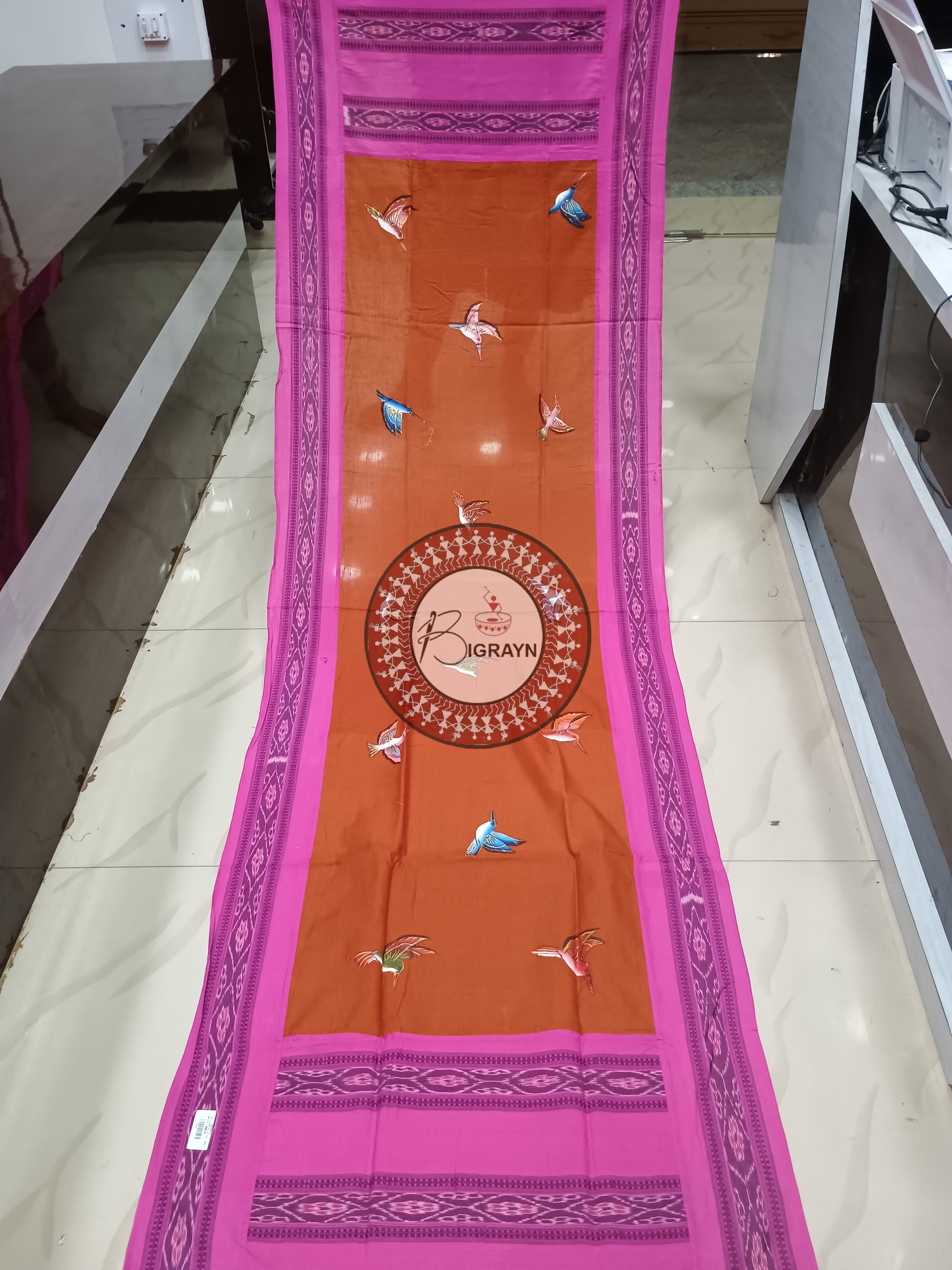 Brown Pink Birds Theme Pattachitra Cotton Dupatta