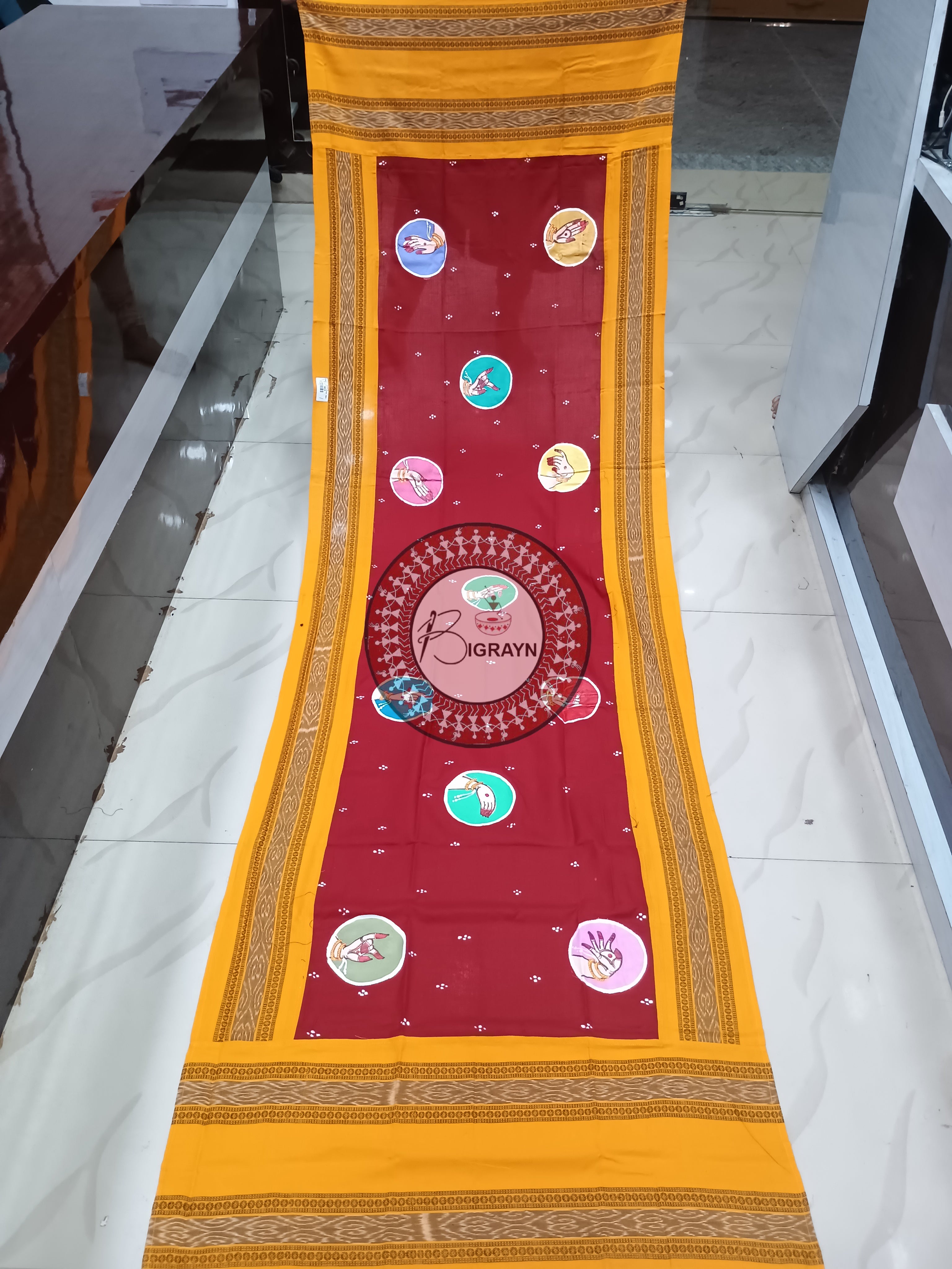 Maroon Yellow Odissi Mudras Theme Pattachitra Cotton Dupatta