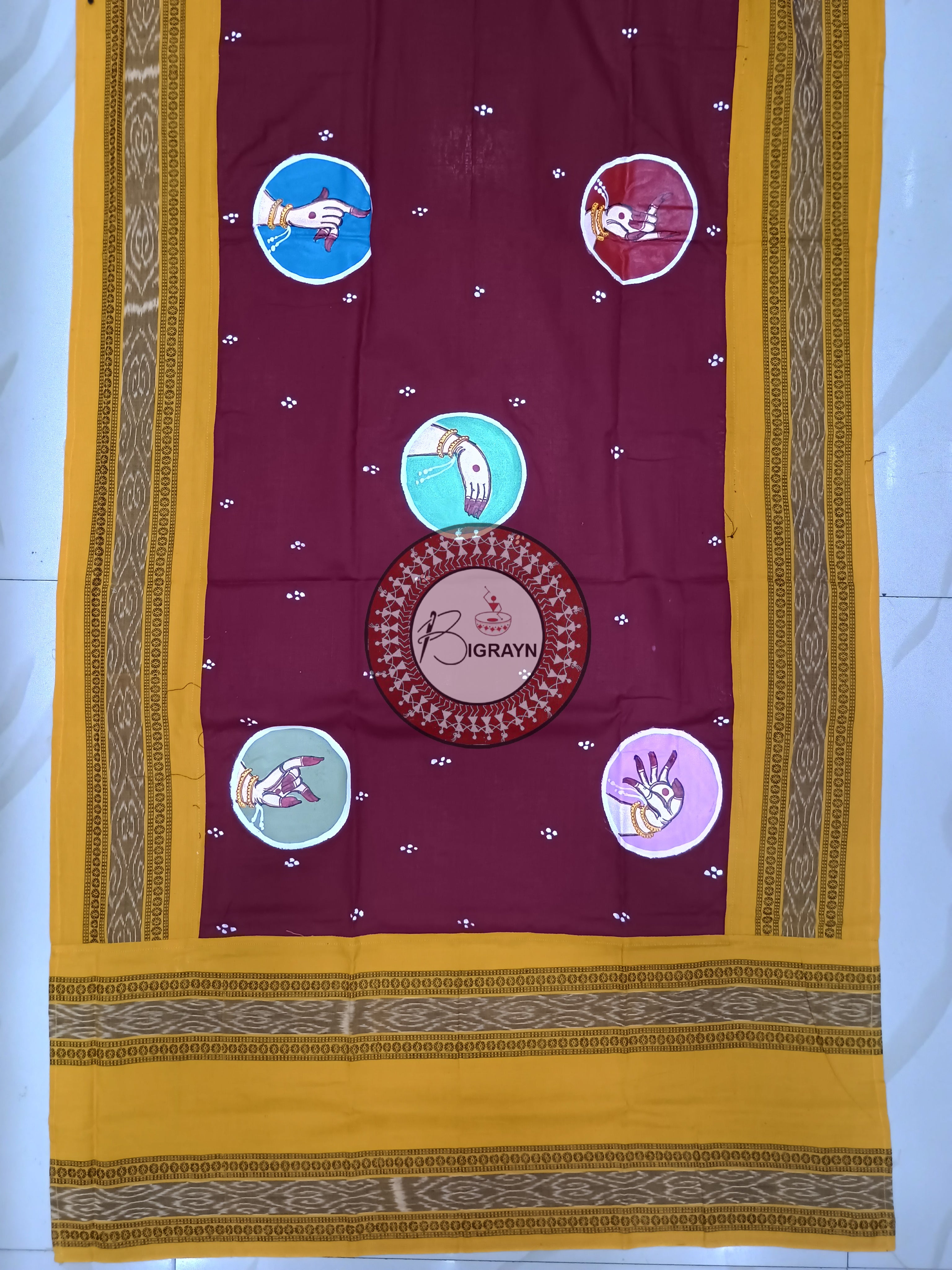 Maroon Yellow Odissi Mudras Theme Pattachitra Cotton Dupatta
