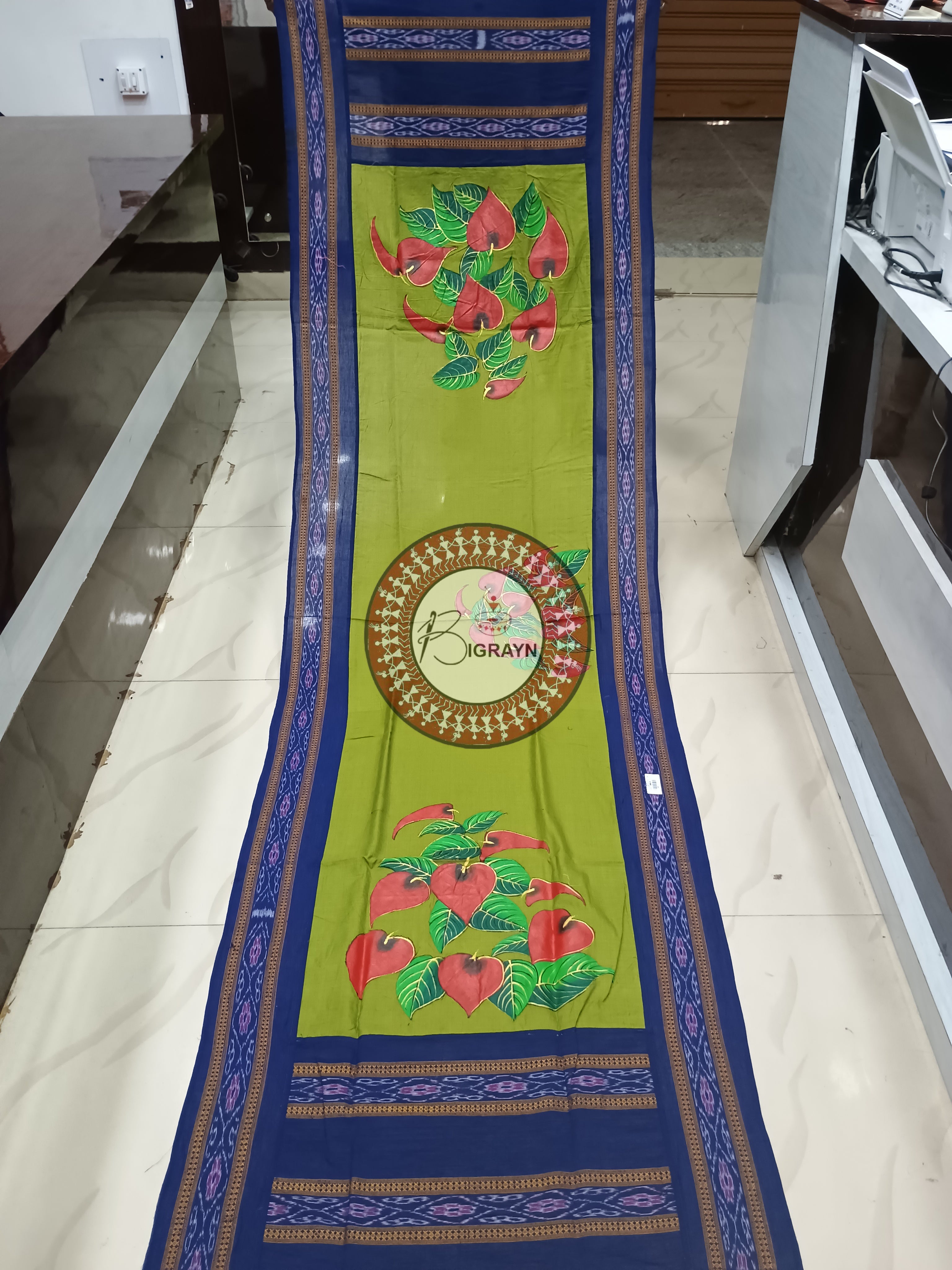 Mehendi Indigo Blue Leaf Theme Pattachitra Cotton Dupatta