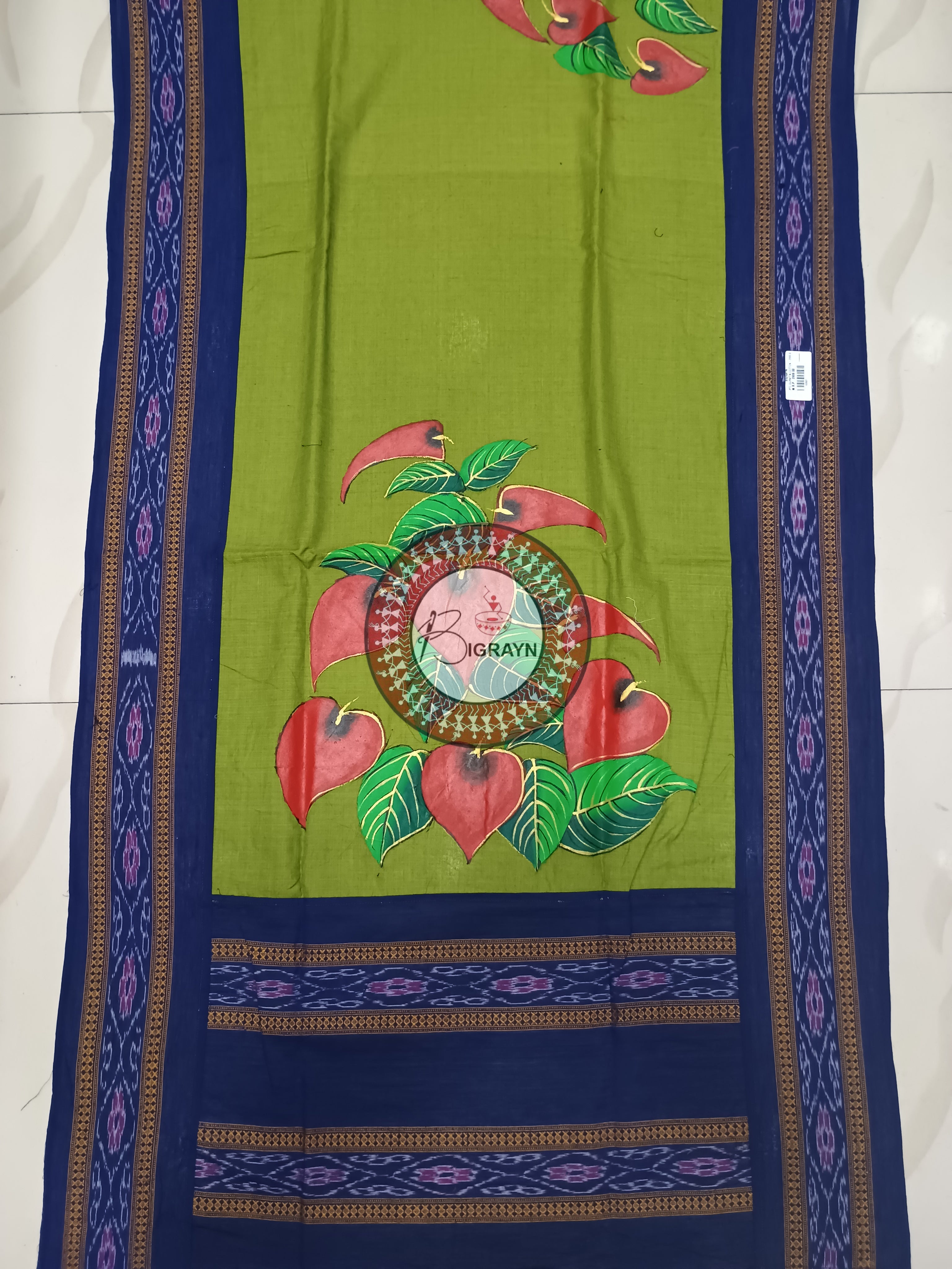 Mehendi Indigo Blue Leaf Theme Pattachitra Cotton Dupatta