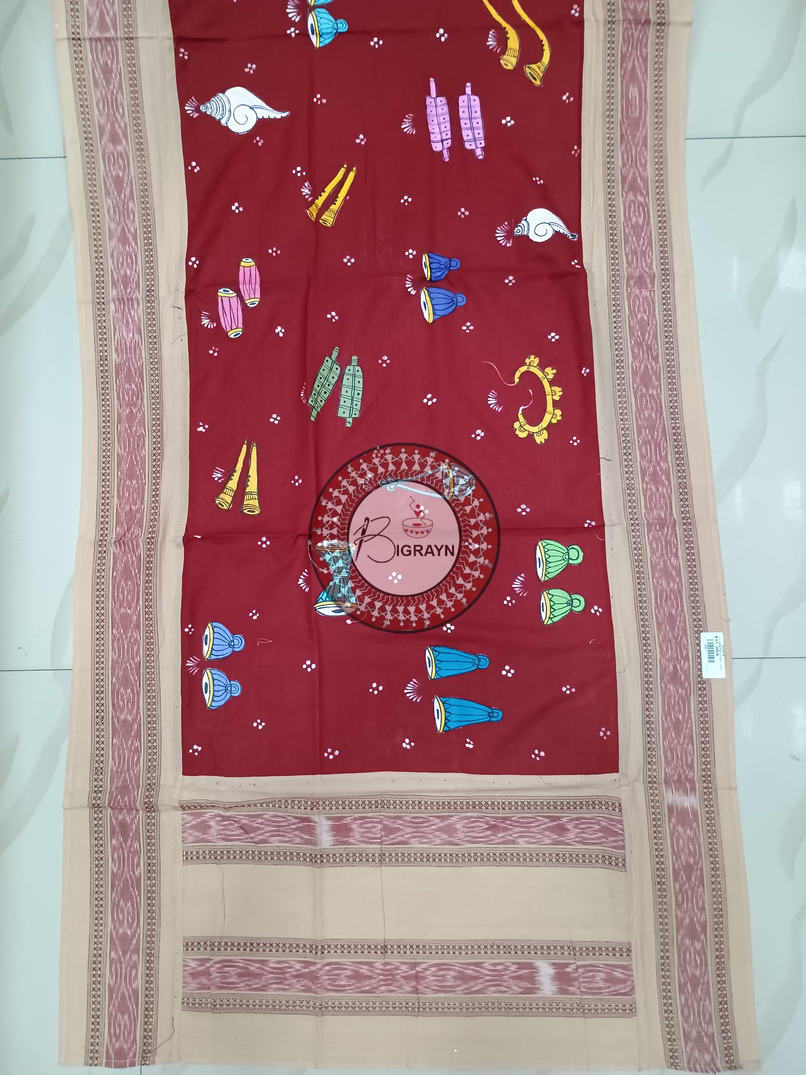 Maroon Off White Musical Instruments Theme Pattachitra Cotton Dupatta