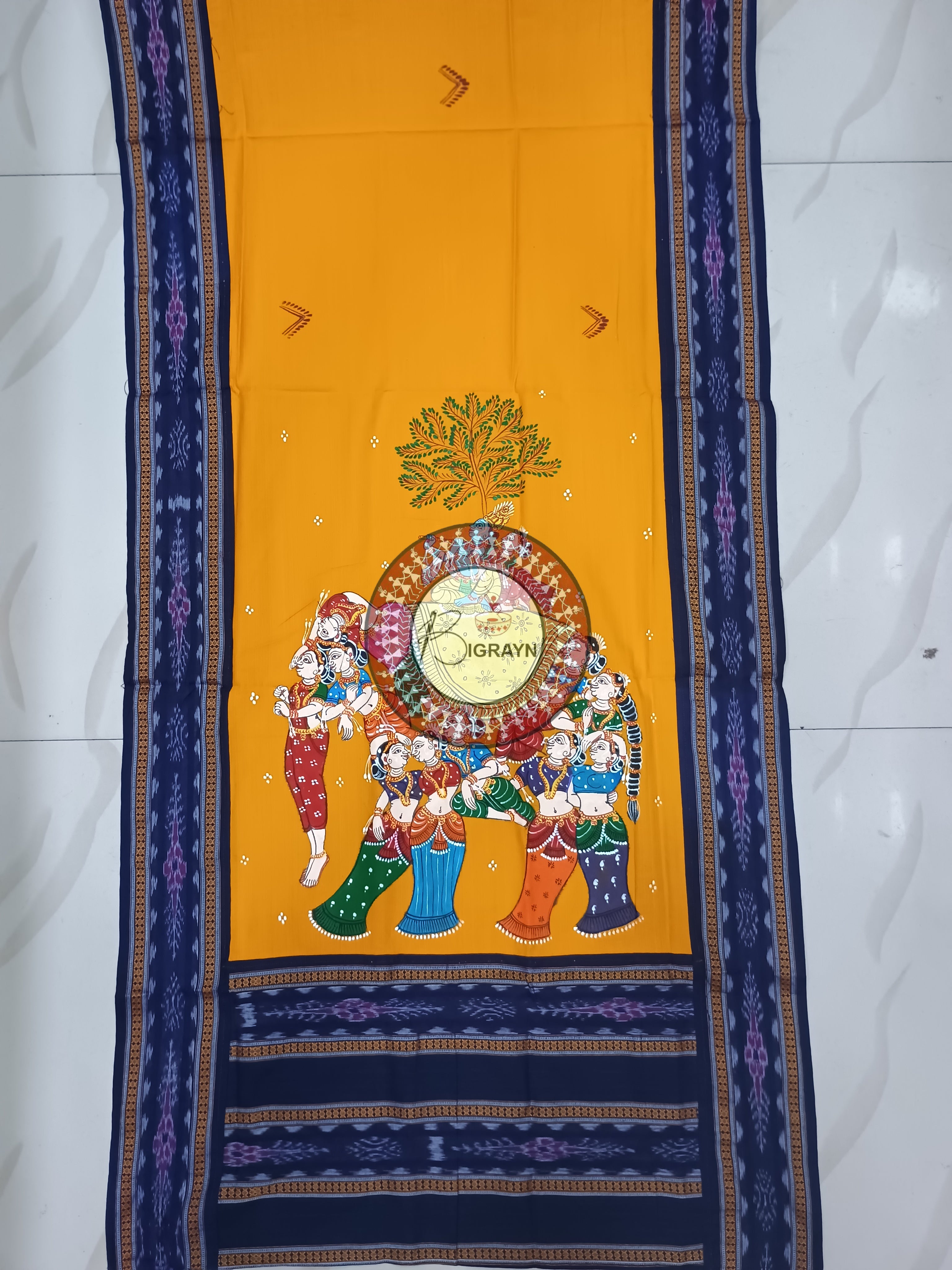 Yellow Indigo Blue Kandarp Hasti Pattachitra Cotton Dupatta