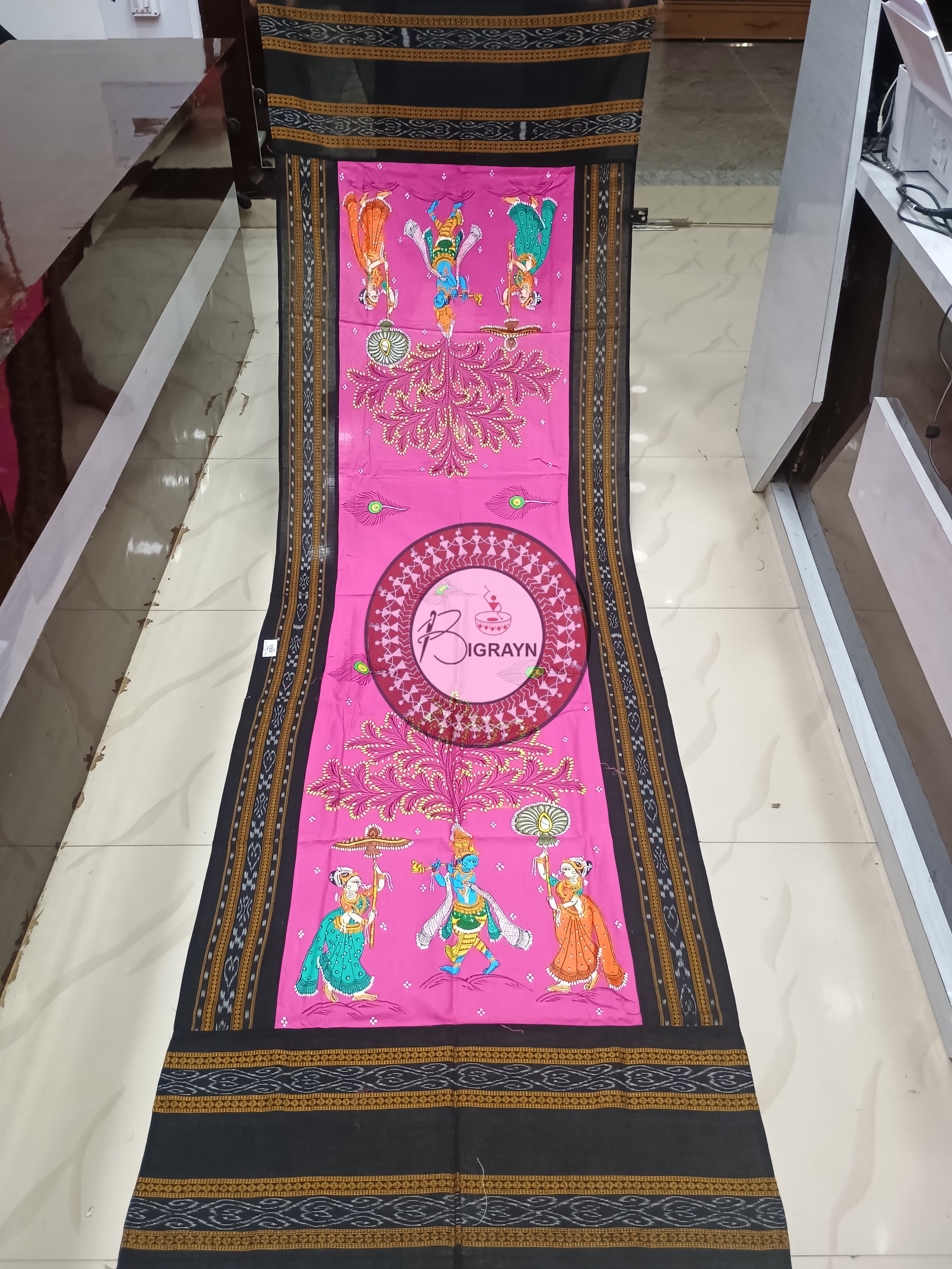 Pink Black Krishna Bansuri Badana Theme Pattachitra Cotton Dupatta