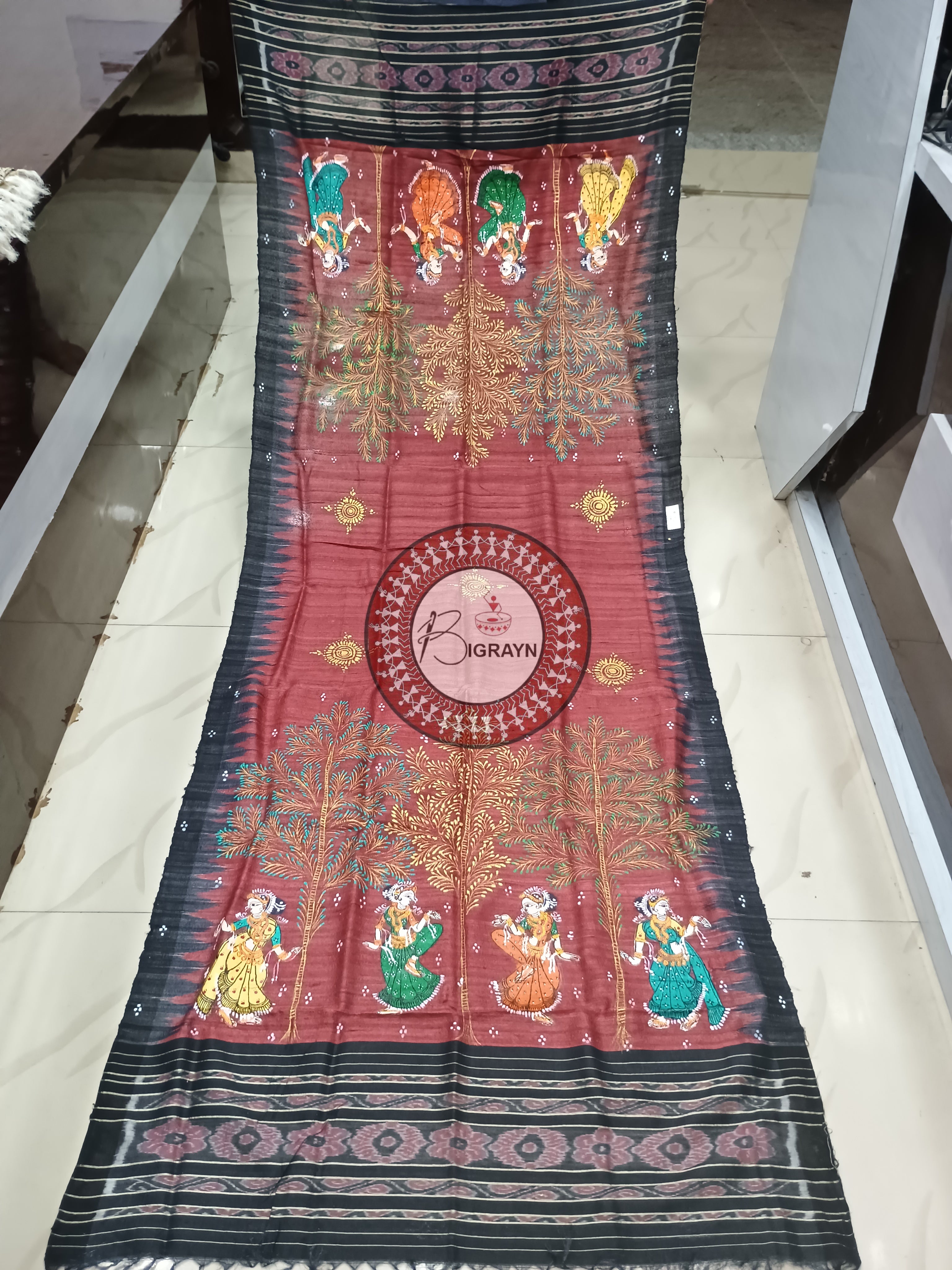 Maroon Black Dancer Theme Pattachitra Tussar Dupatta