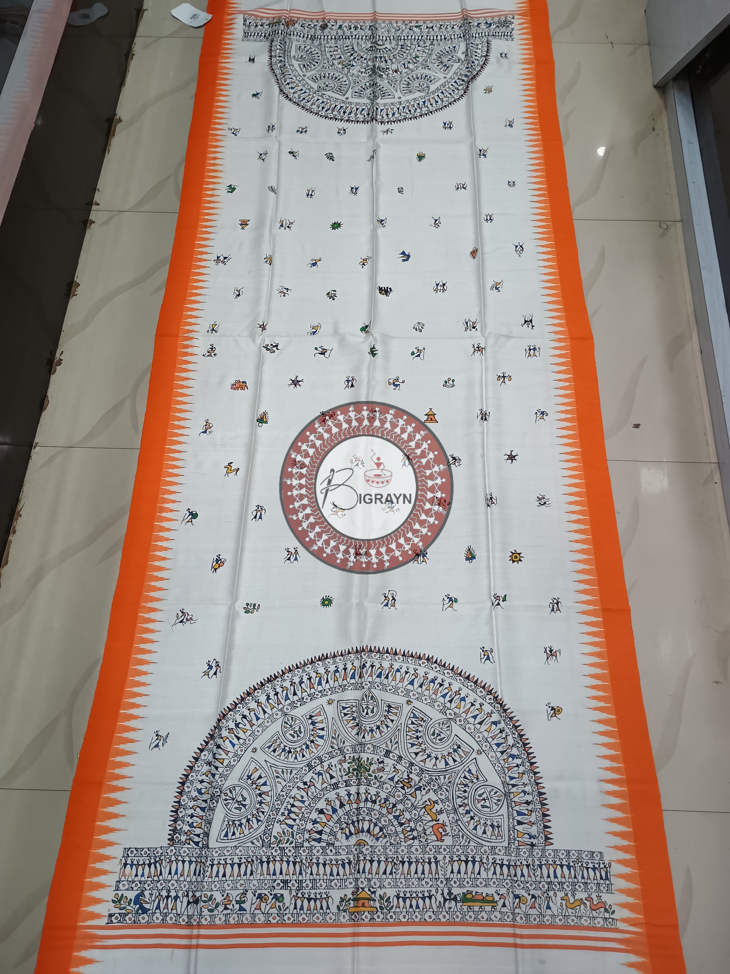 White Orange Tribal Theme Pattachitra Tussar Dupatta