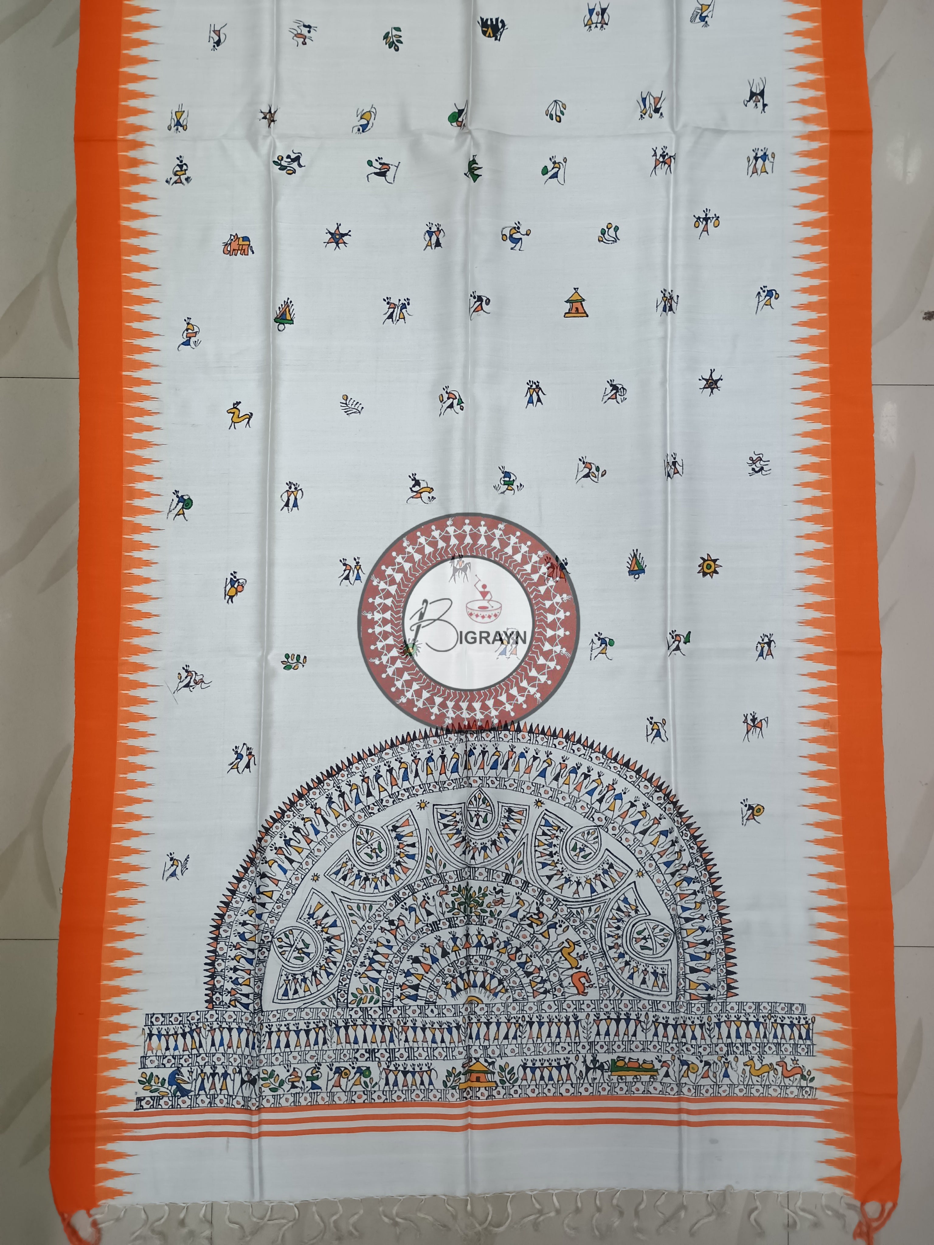 White Orange Tribal Theme Pattachitra Tussar Dupatta