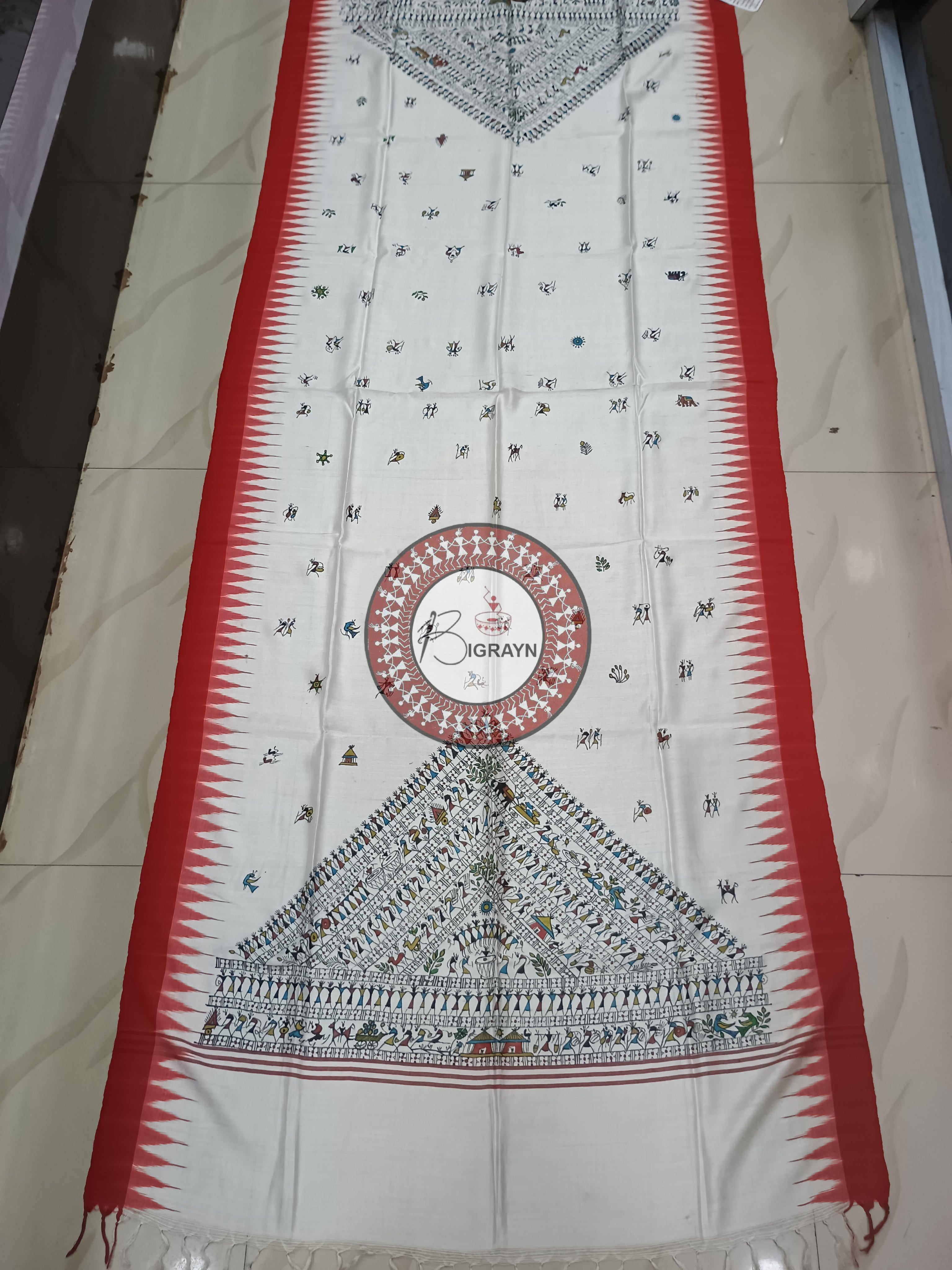 White Maroon Tribal Pattachitra Tussar Dupatta