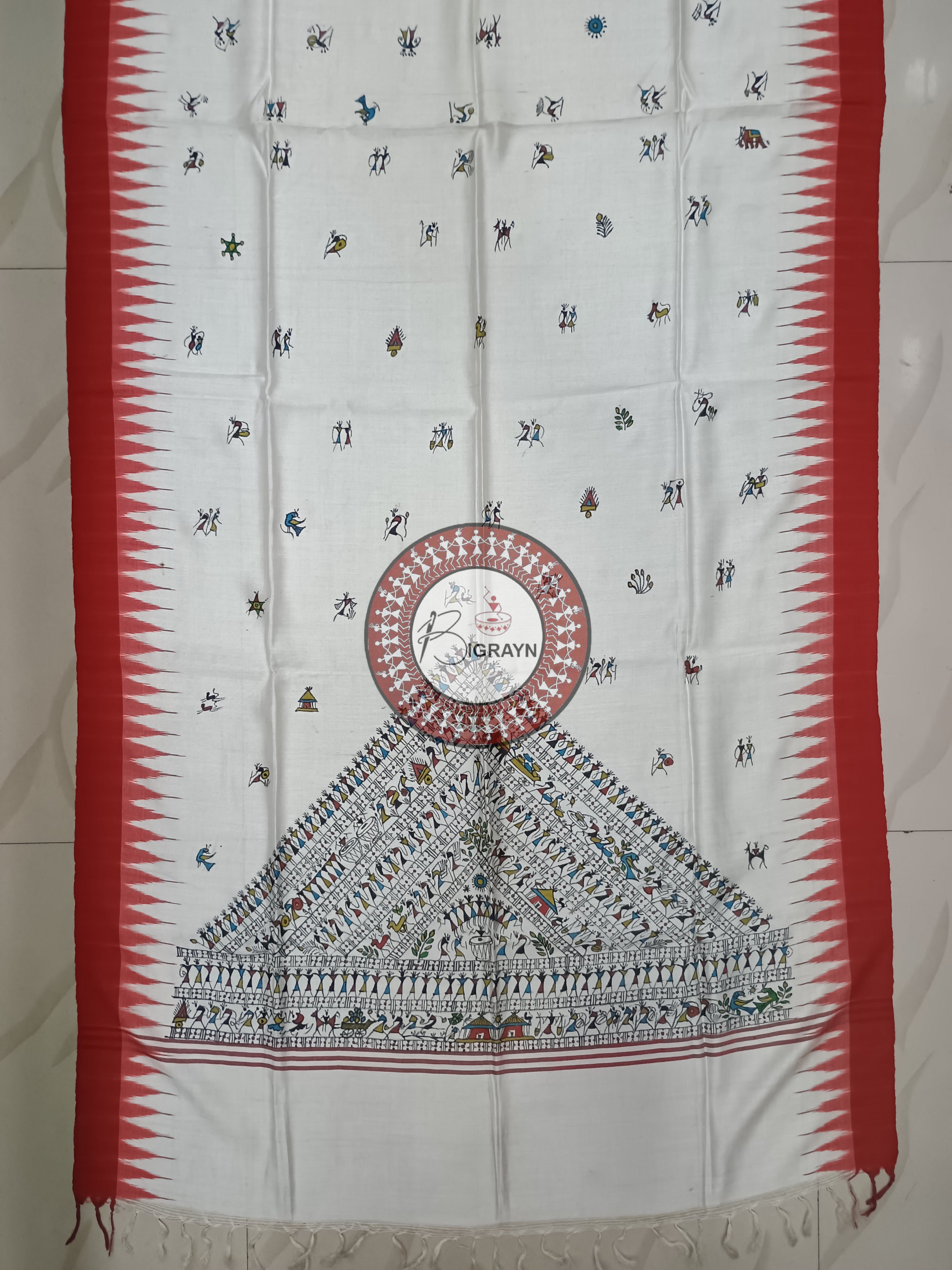 White Maroon Tribal Pattachitra Tussar Dupatta