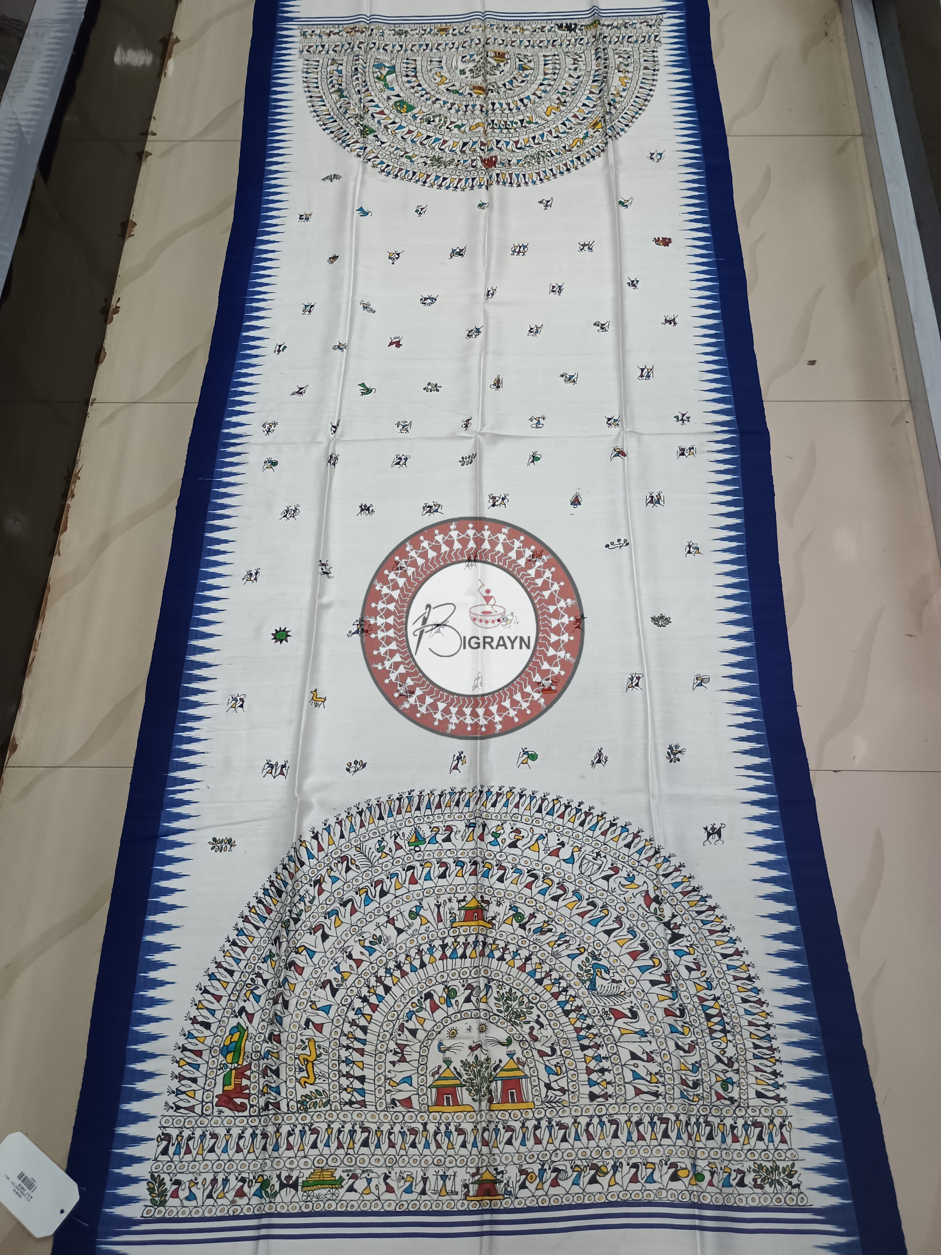 White Blue Tribal Pattachitra Tussar Dupatta