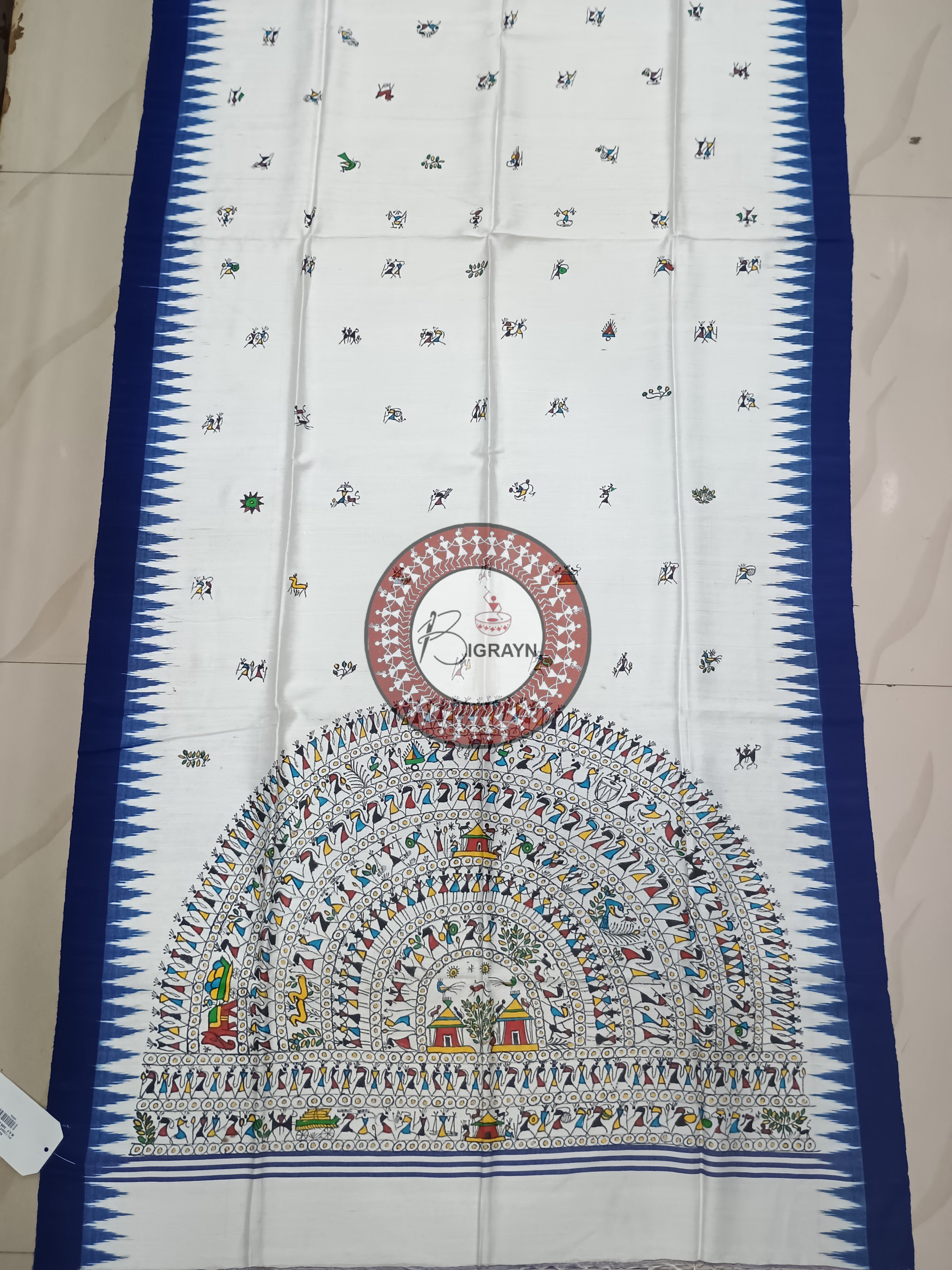 White Blue Tribal Pattachitra Tussar Dupatta