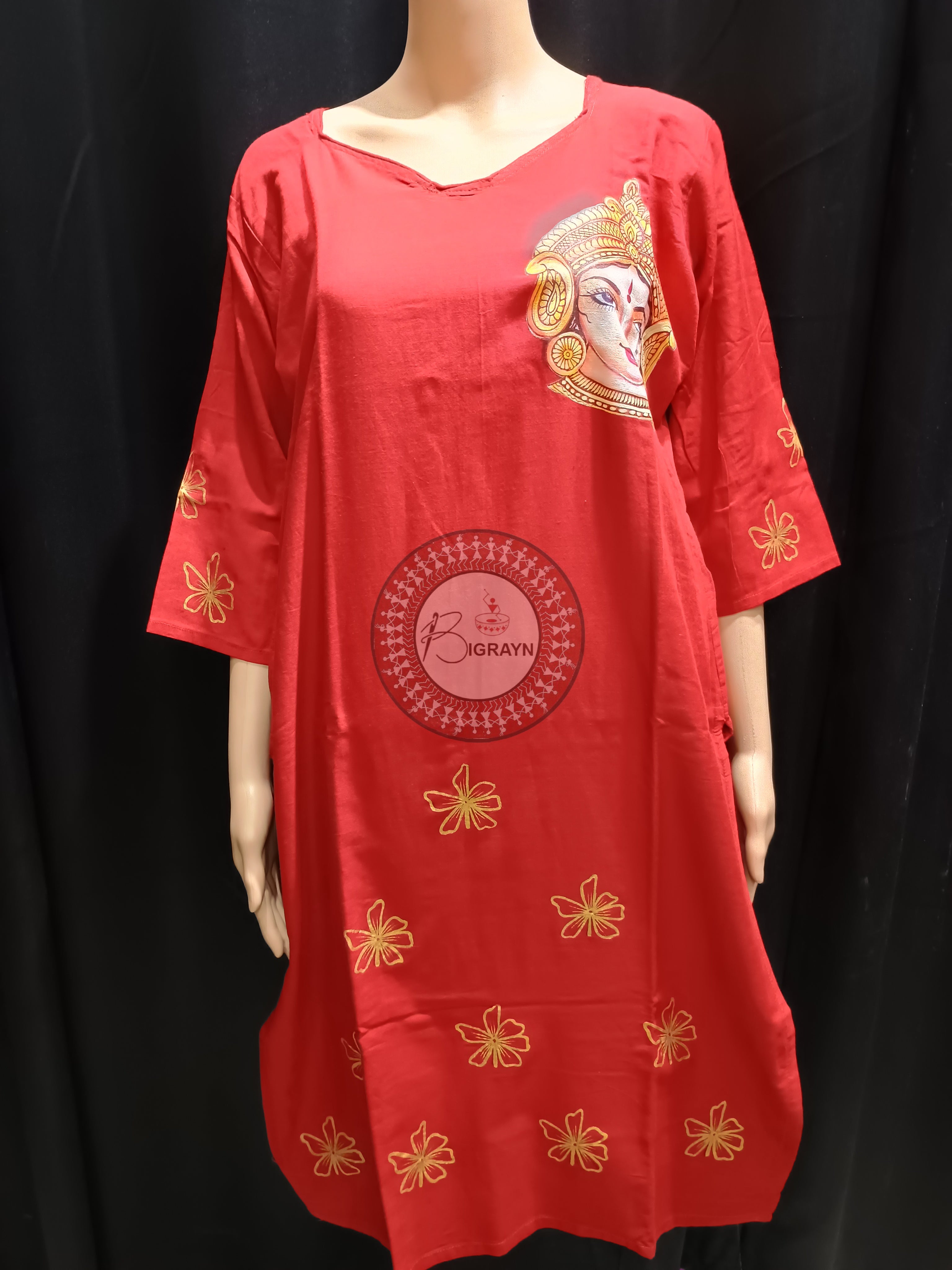 Red Durga Face Theme Hand Painted Pattachitra Kurti