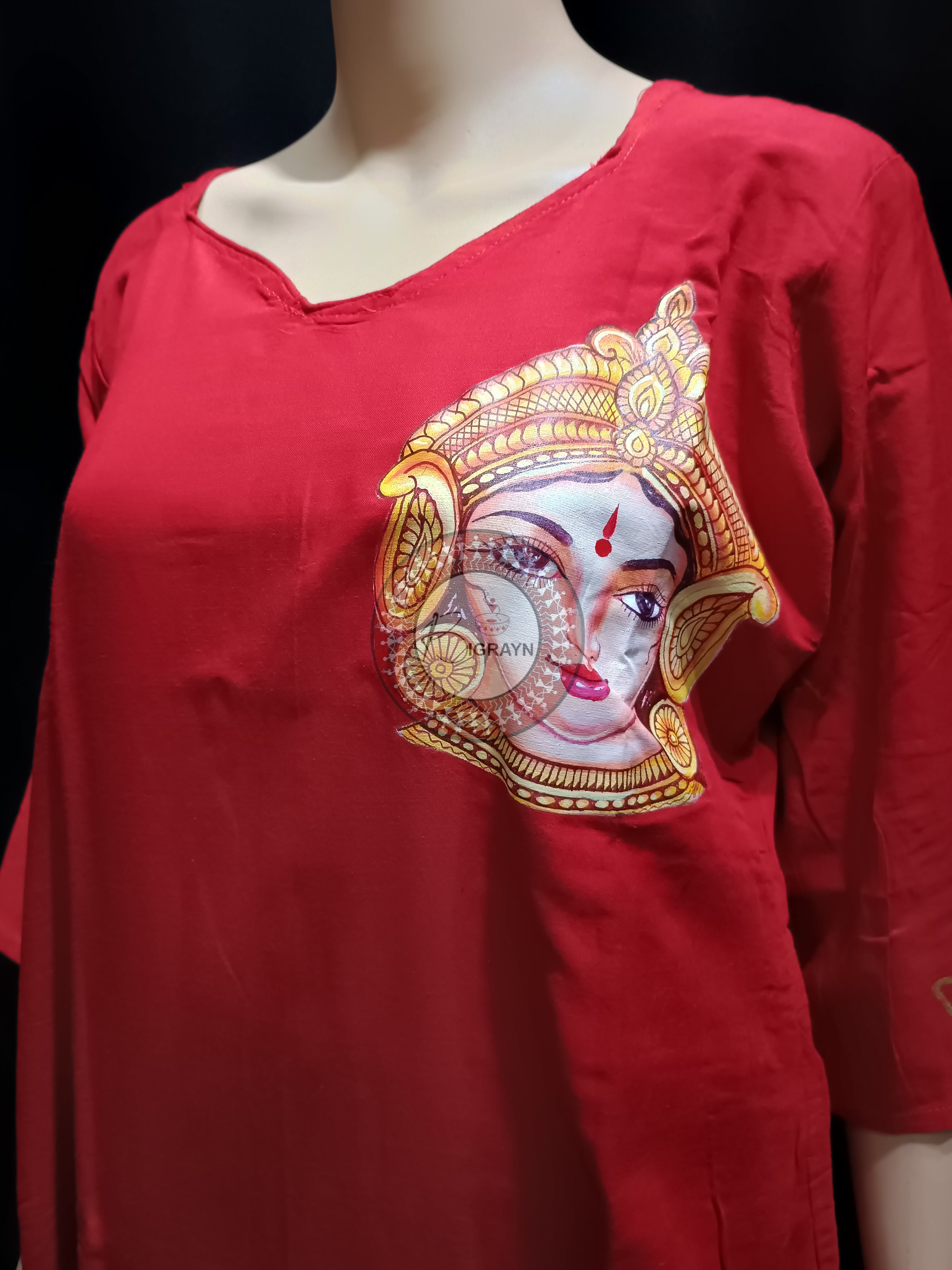 Red Durga Face Theme Hand Painted Pattachitra Kurti