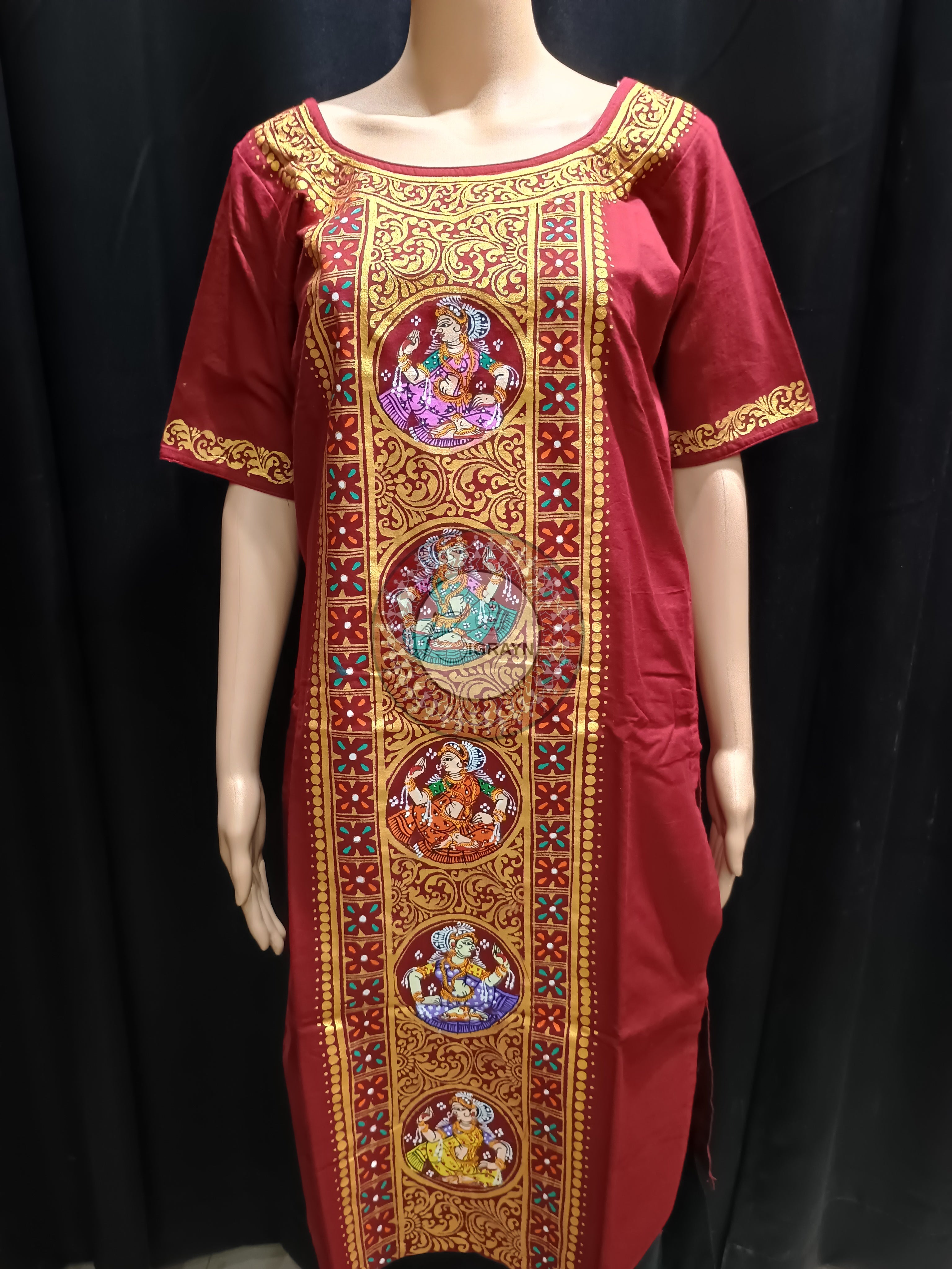 Maroon Dancer Theme Hand Painted Pattachitra Kurti