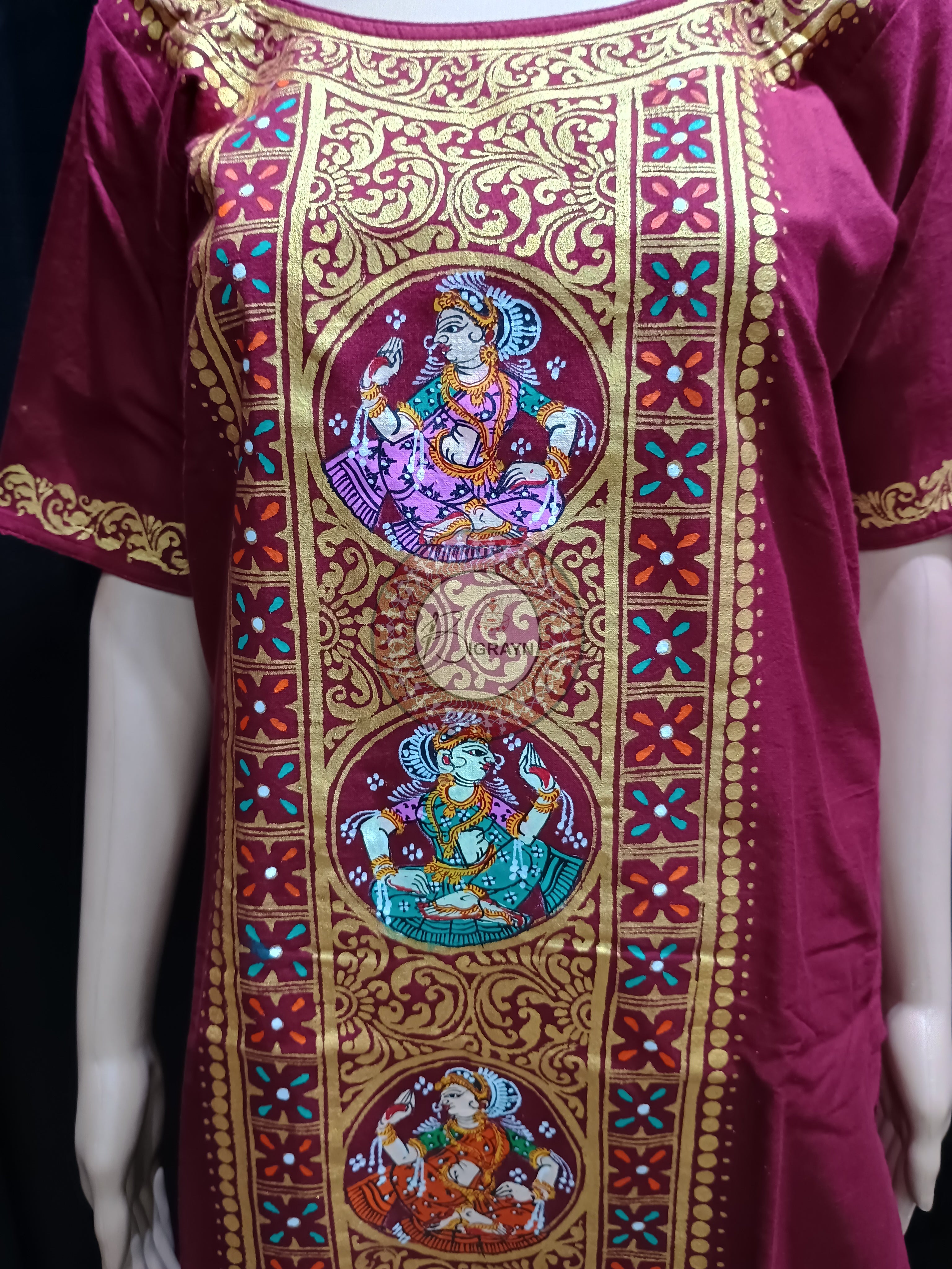 Maroon Dancer Theme Hand Painted Pattachitra Kurti