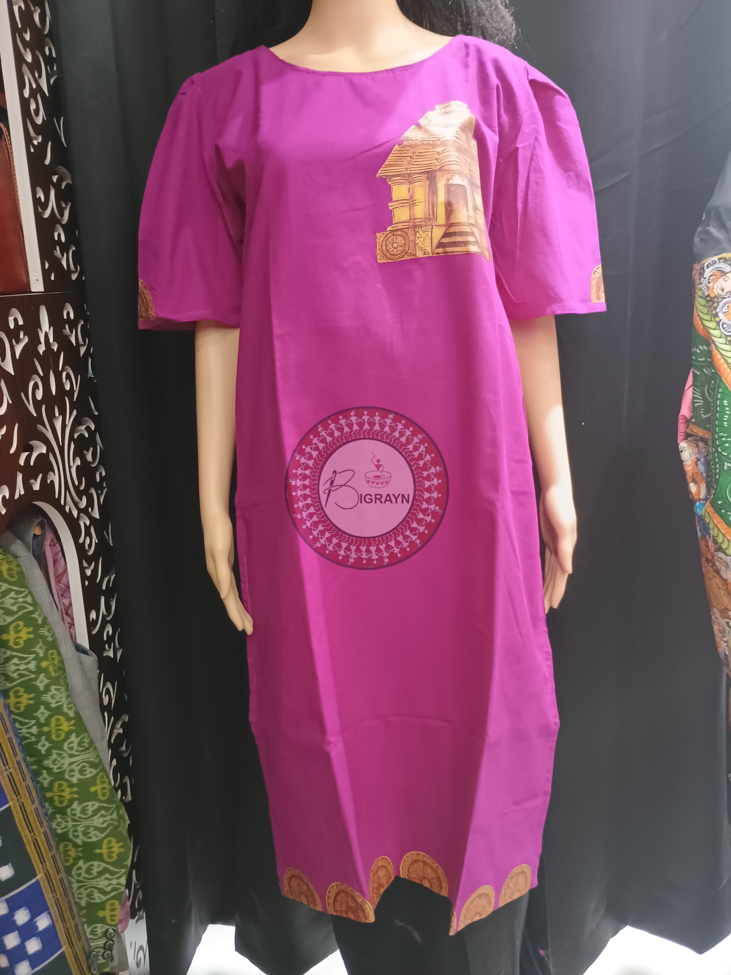 Purple Konark Temple Theme Hand Painted Pattachitra Kurti