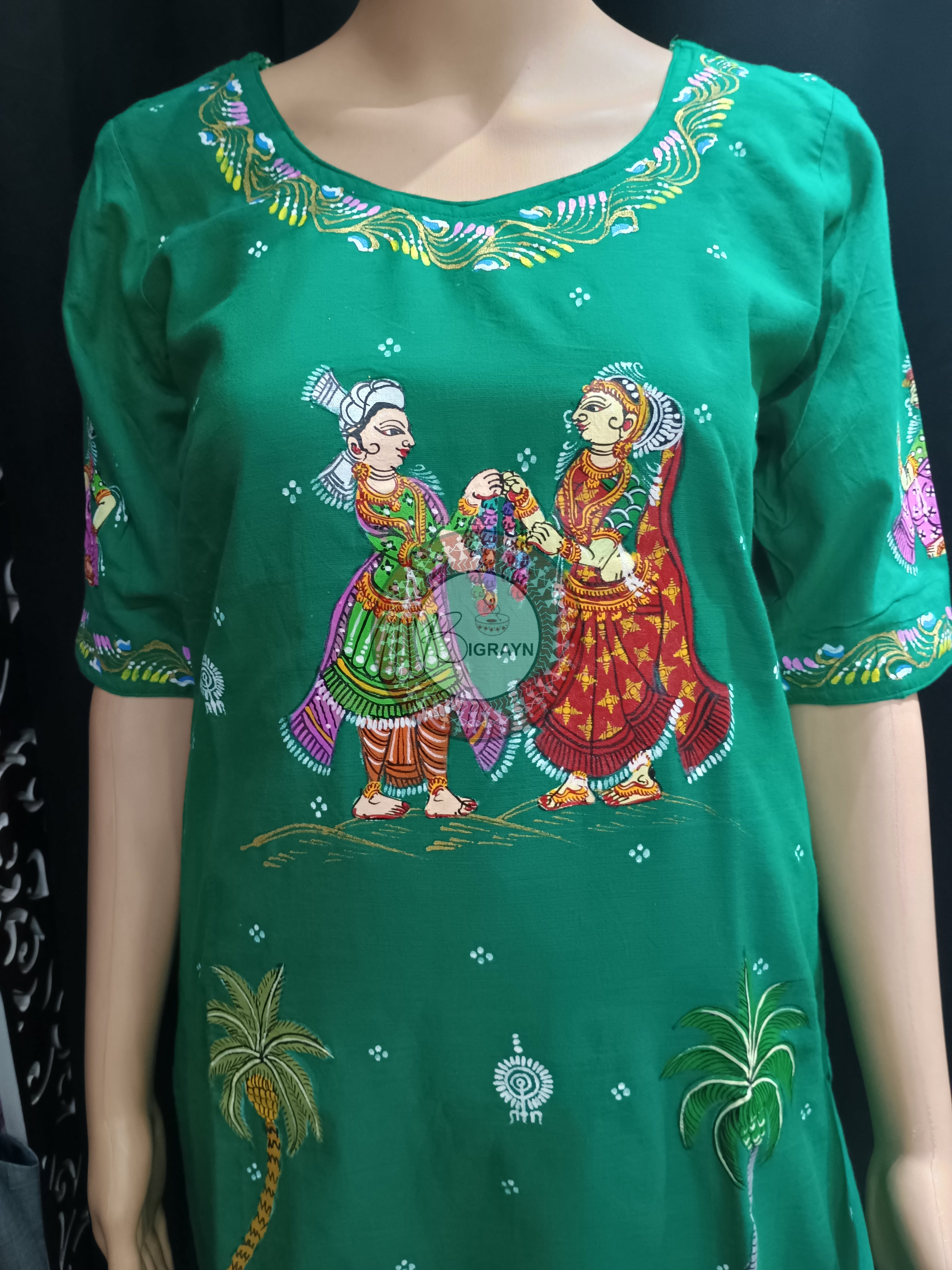 Sea Green Marriage Theme Hand Painted Pattachitra Kurti