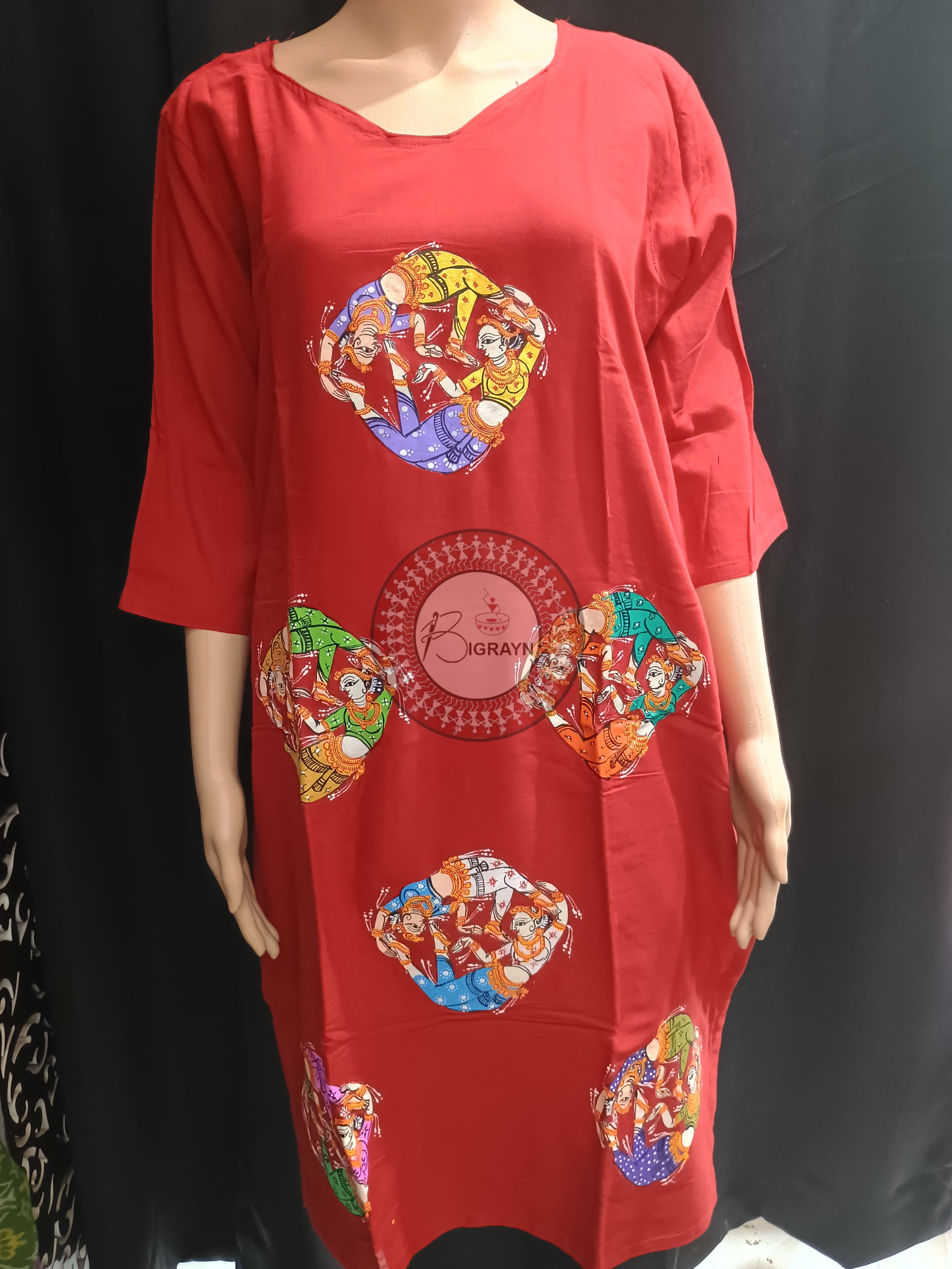 Red Round Dancer Theme Hand Painted Pattachitra Kurti