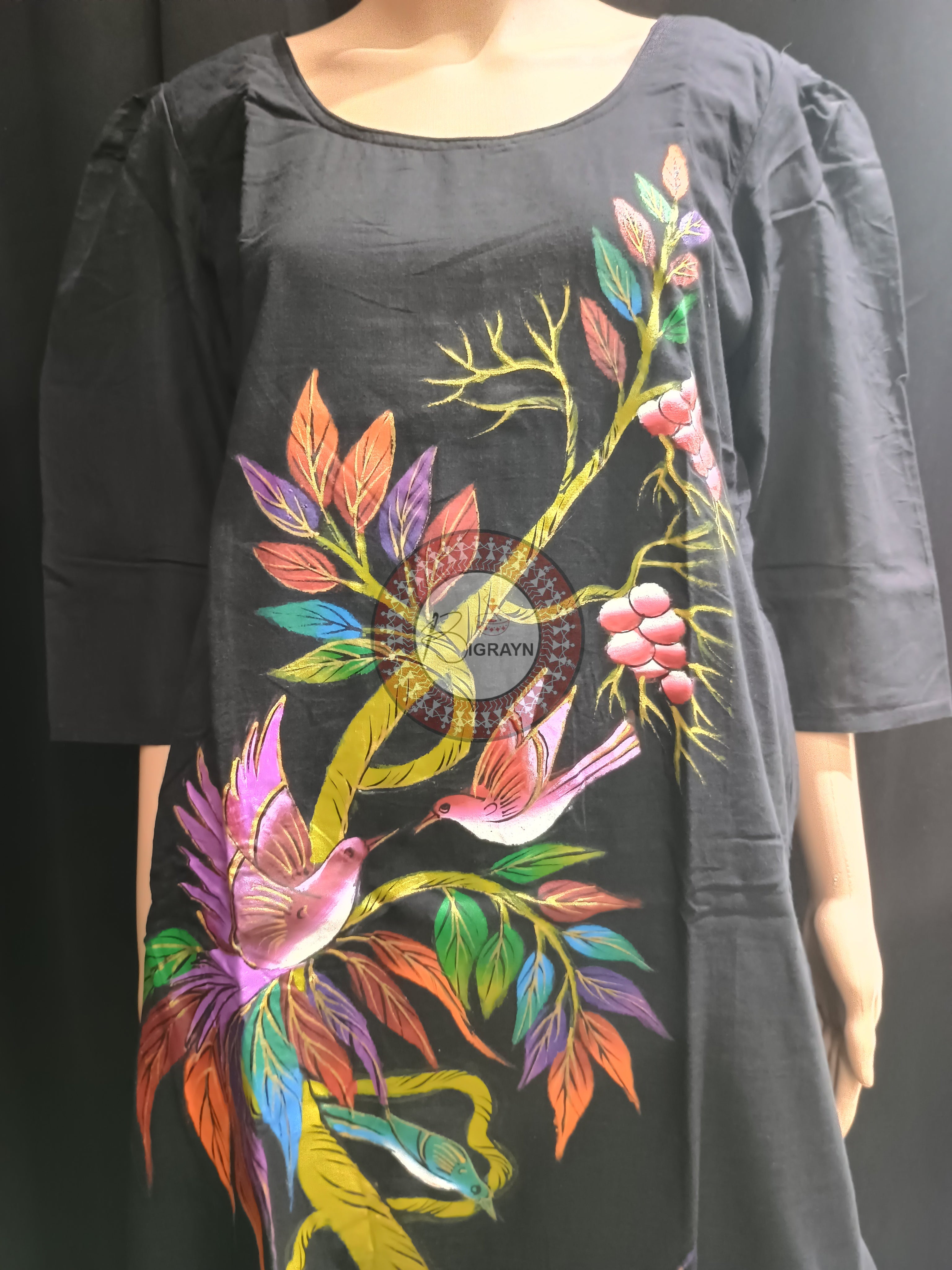 Black Birds And Tree Morden Art Theme Hand Painted Pattachitra Kurti