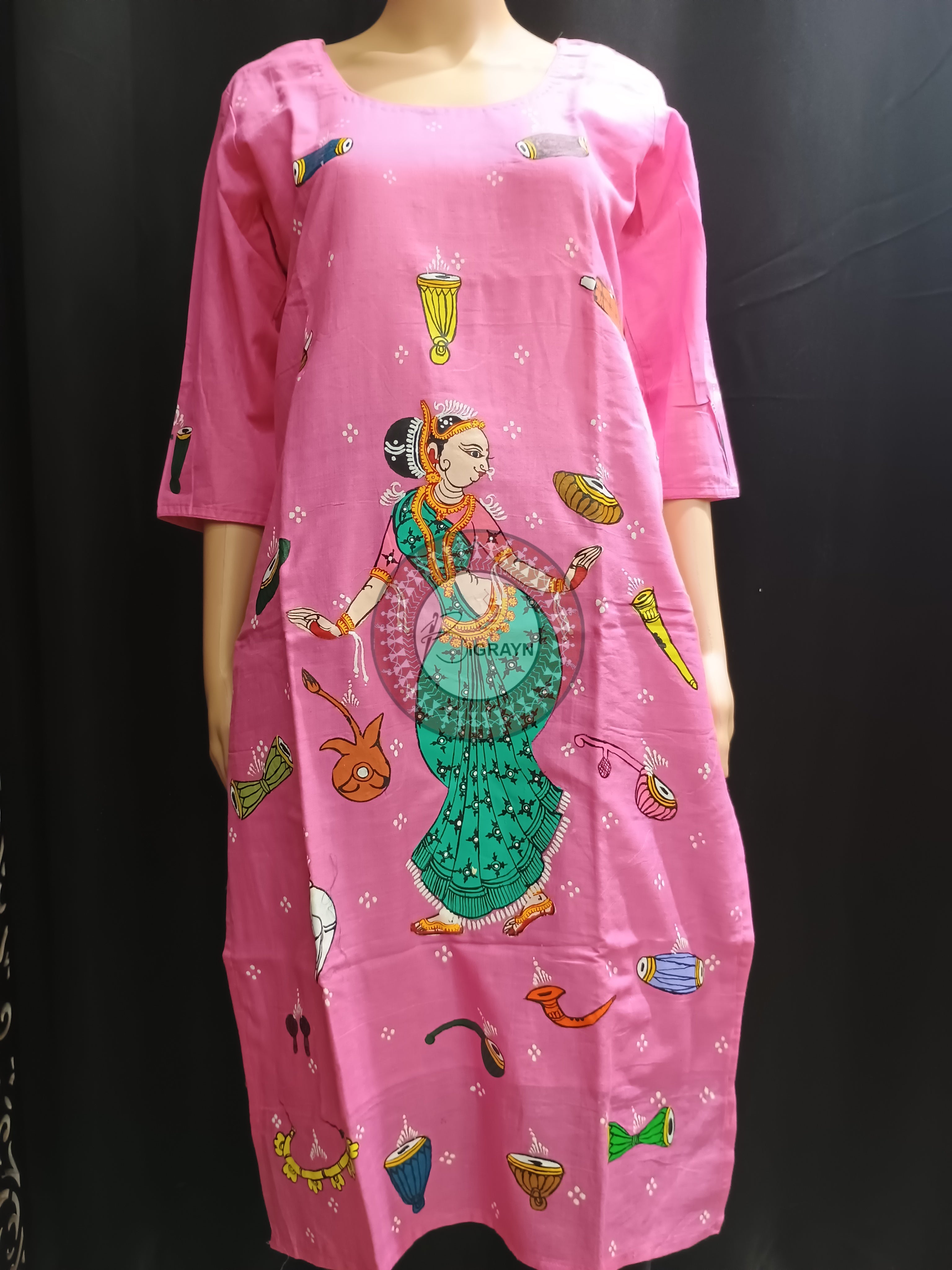 Pink Dancer And Musical Instrument Theme Hand Painted Pattachitra Kurti