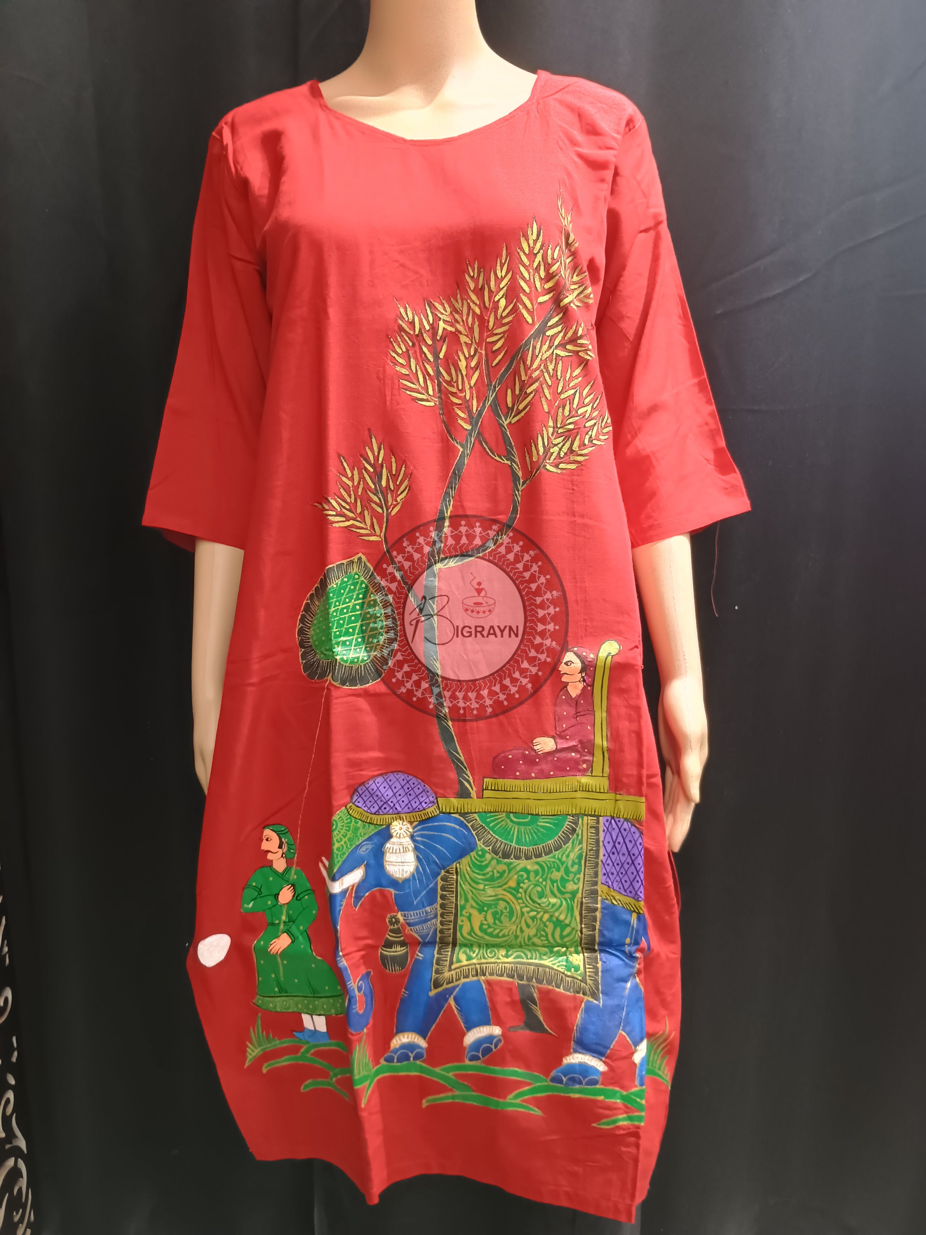 Red Ashoka Theme Mordern Art Hand Painted Pattachitra Kurti