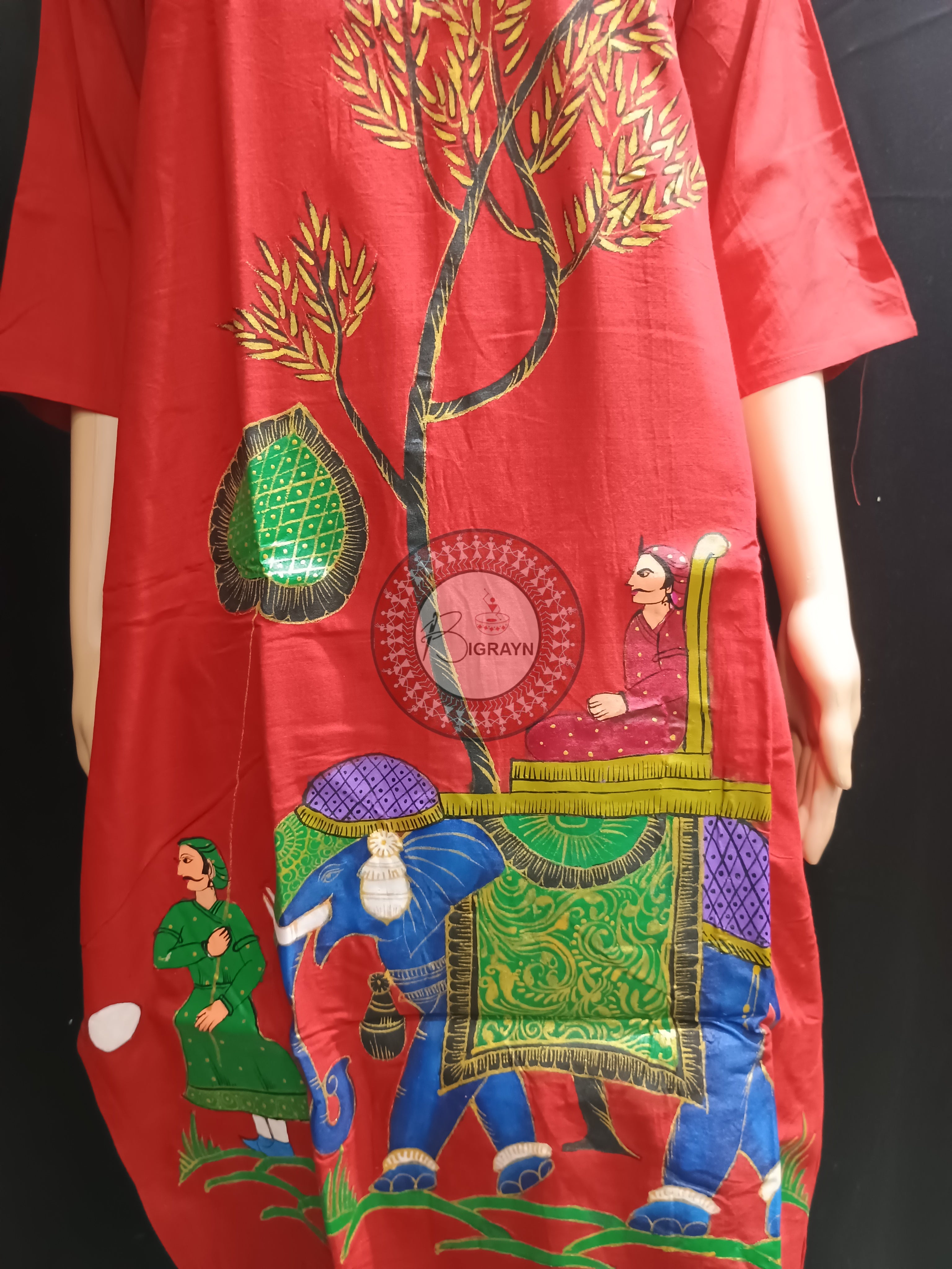 Red Ashoka Theme Mordern Art Hand Painted Pattachitra Kurti
