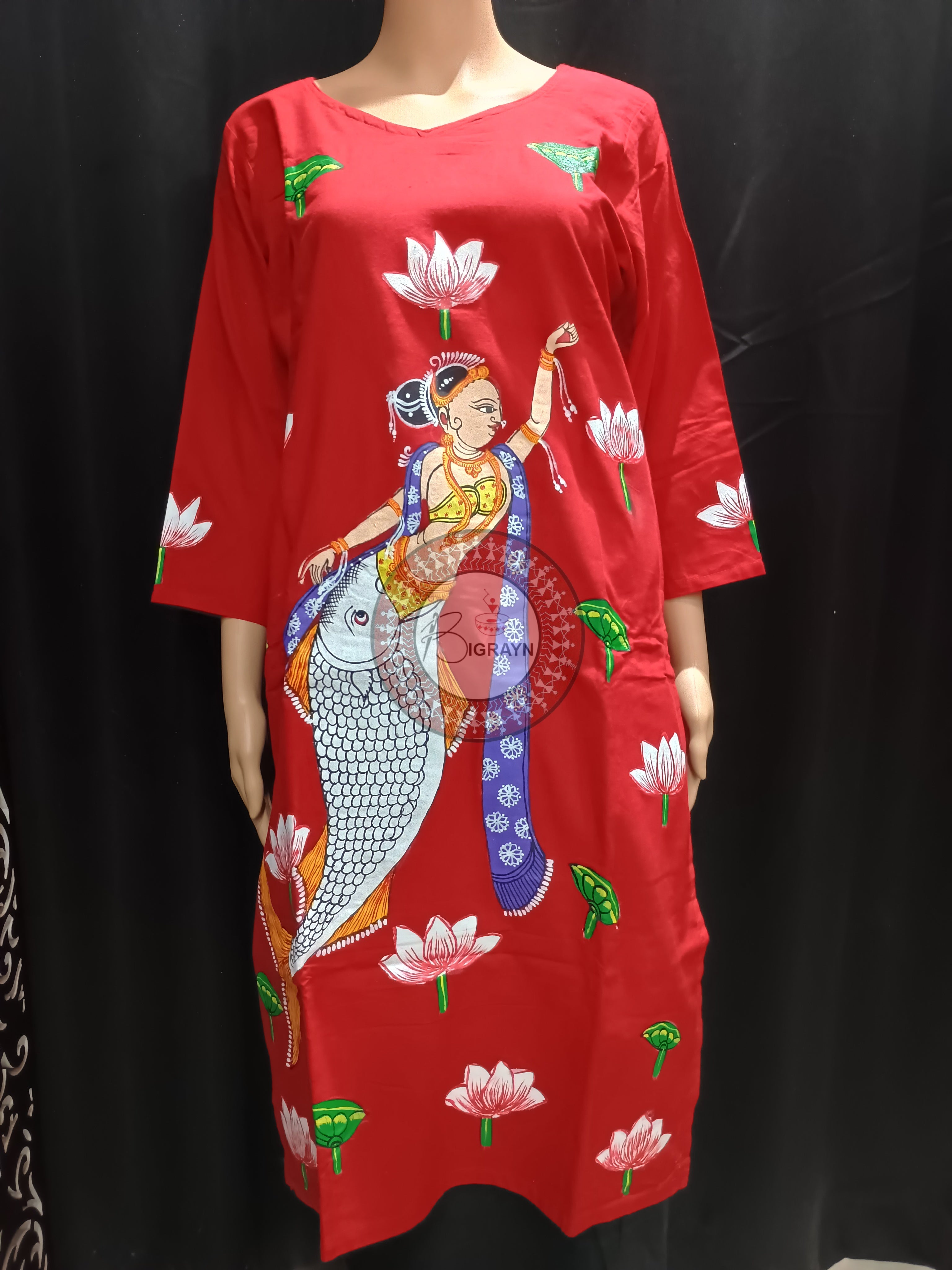 Red Mastya Kanya Theme Hand Painted Pattachitra Kurti