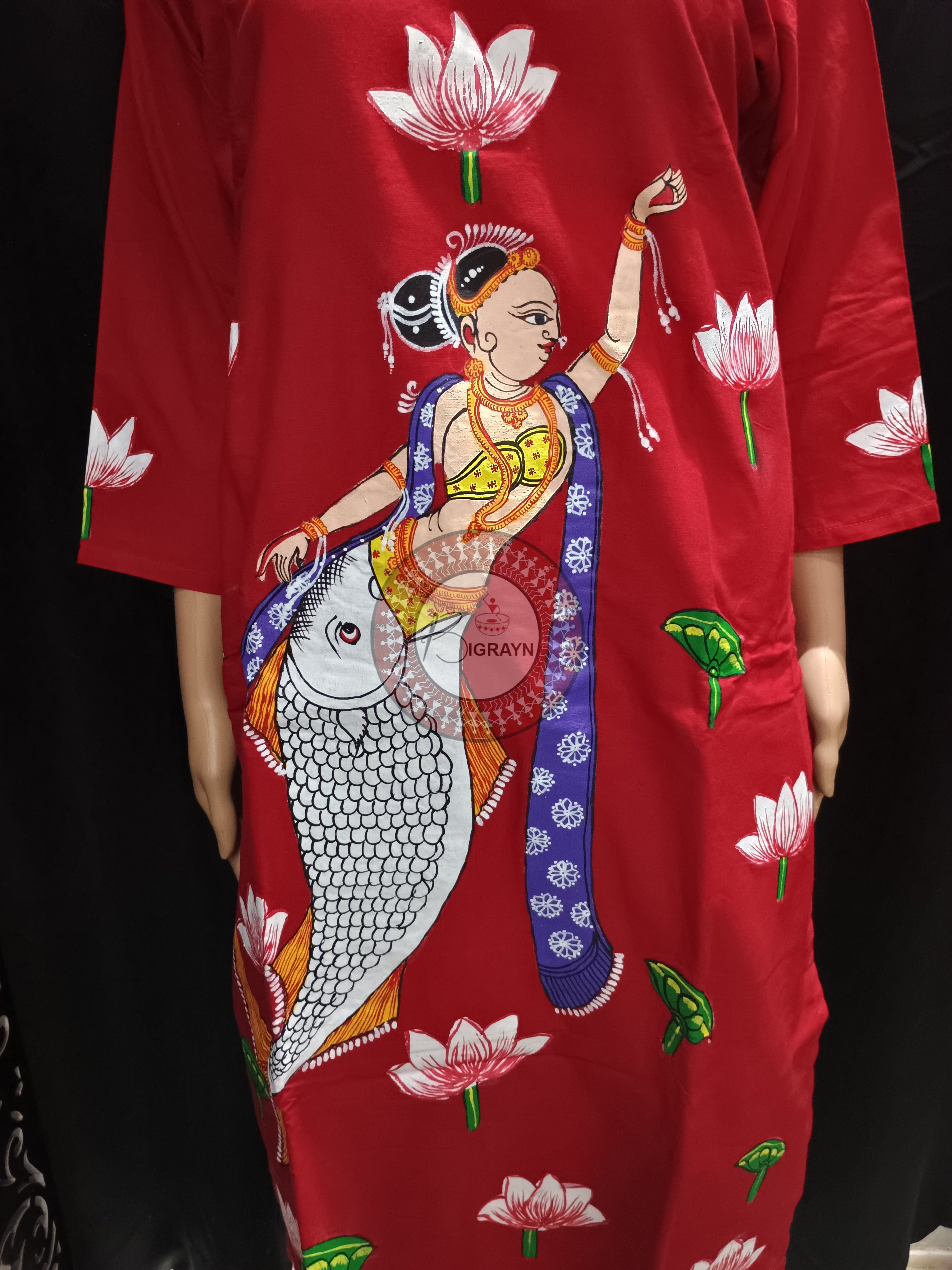 Red Mastya Kanya Theme Hand Painted Pattachitra Kurti