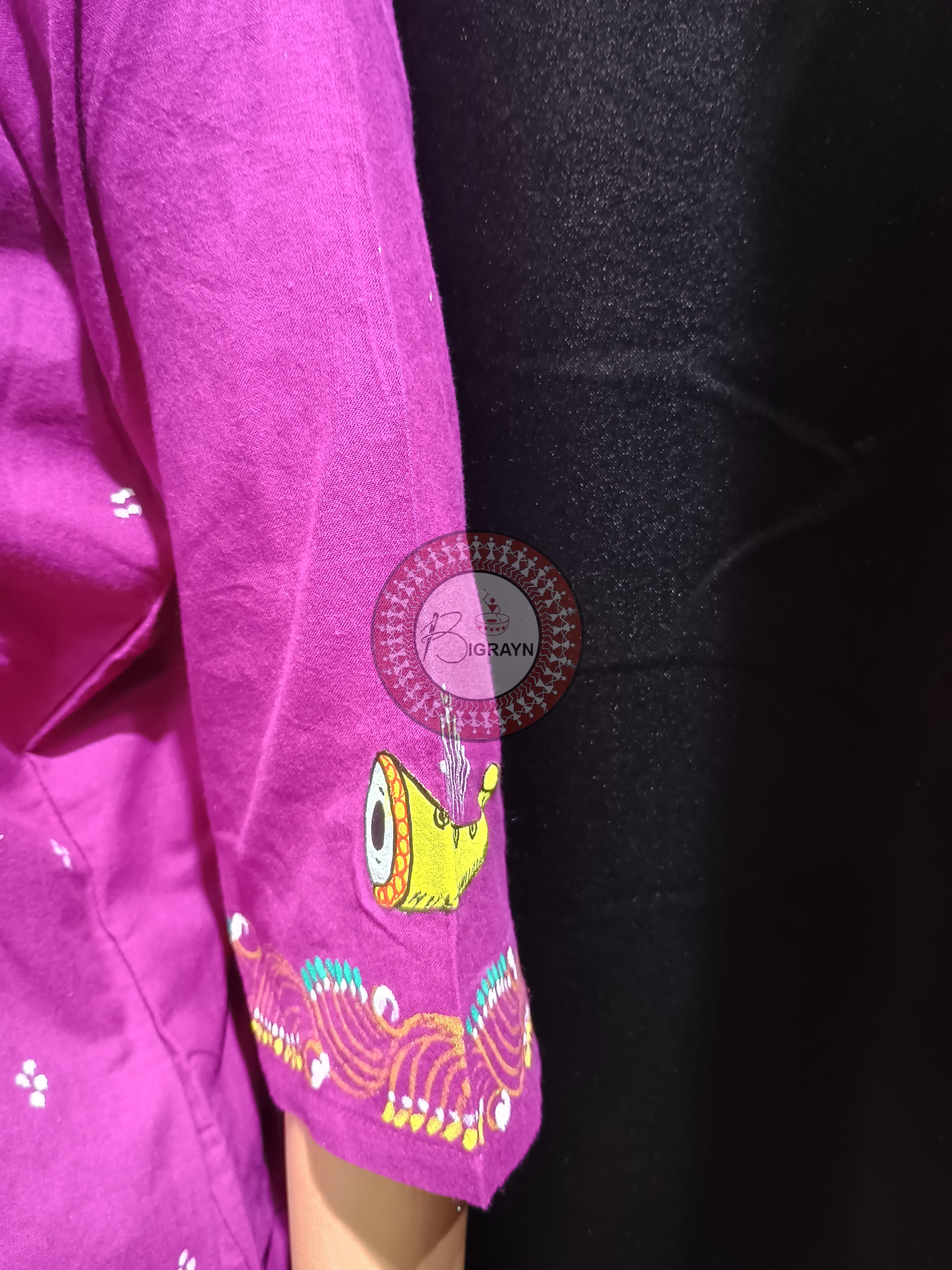 Purple Dancer And Musical Instrument Theme Hand Painted Pattachitra Kurti