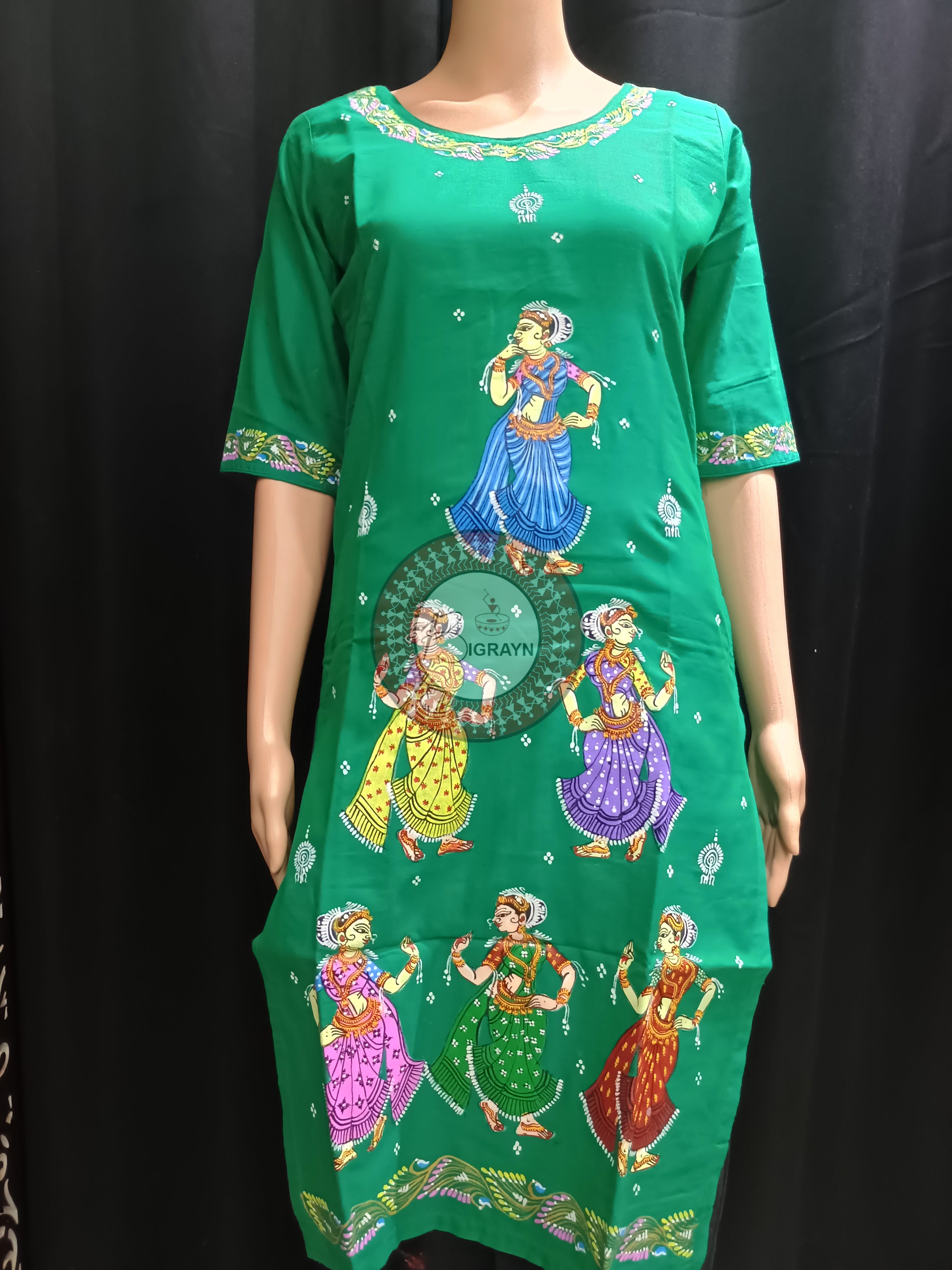 Sea Green Dancer Theme Hand Painted Pattachitra Kurti