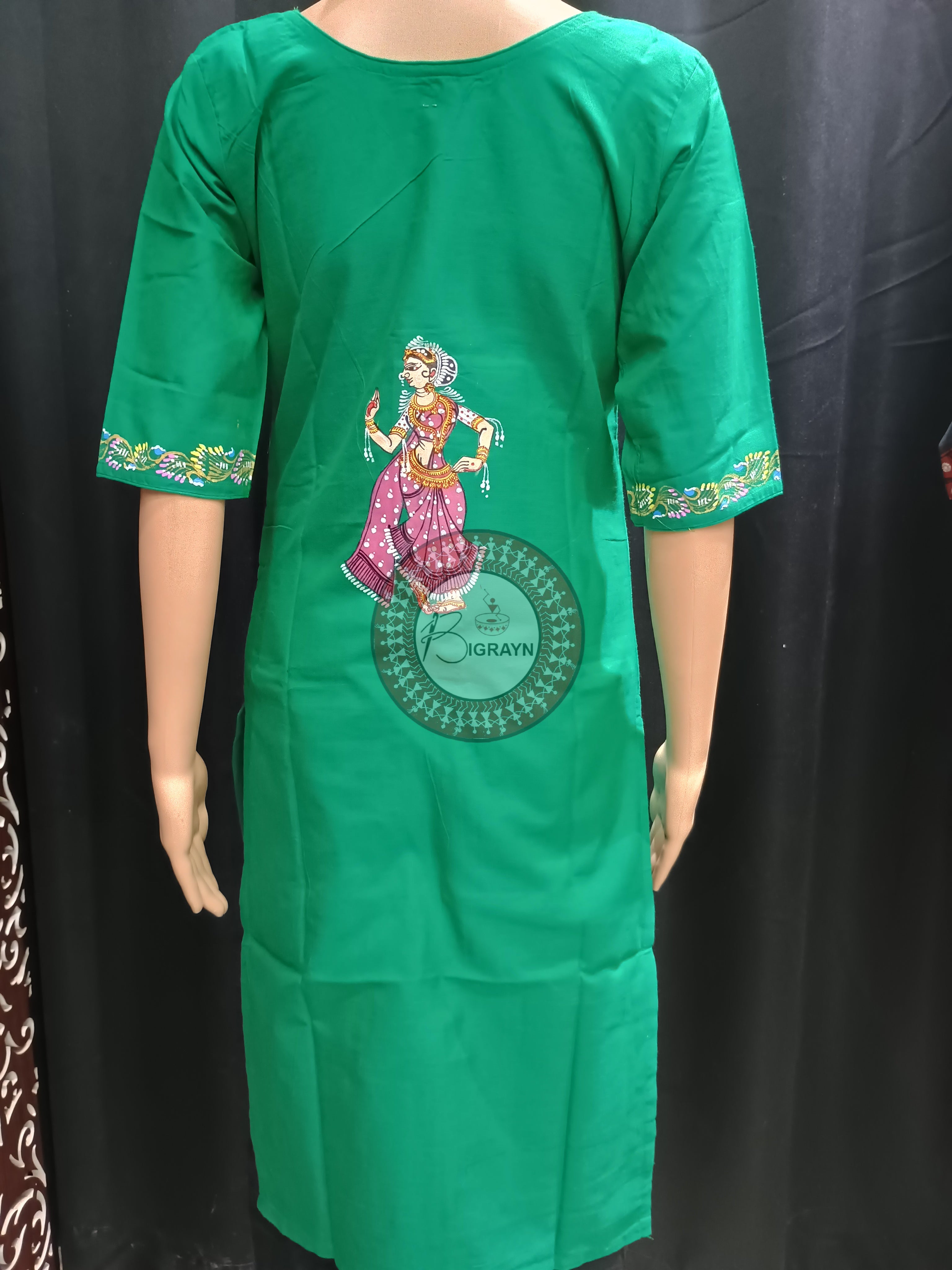 Sea Green Dancer Theme Hand Painted Pattachitra Kurti