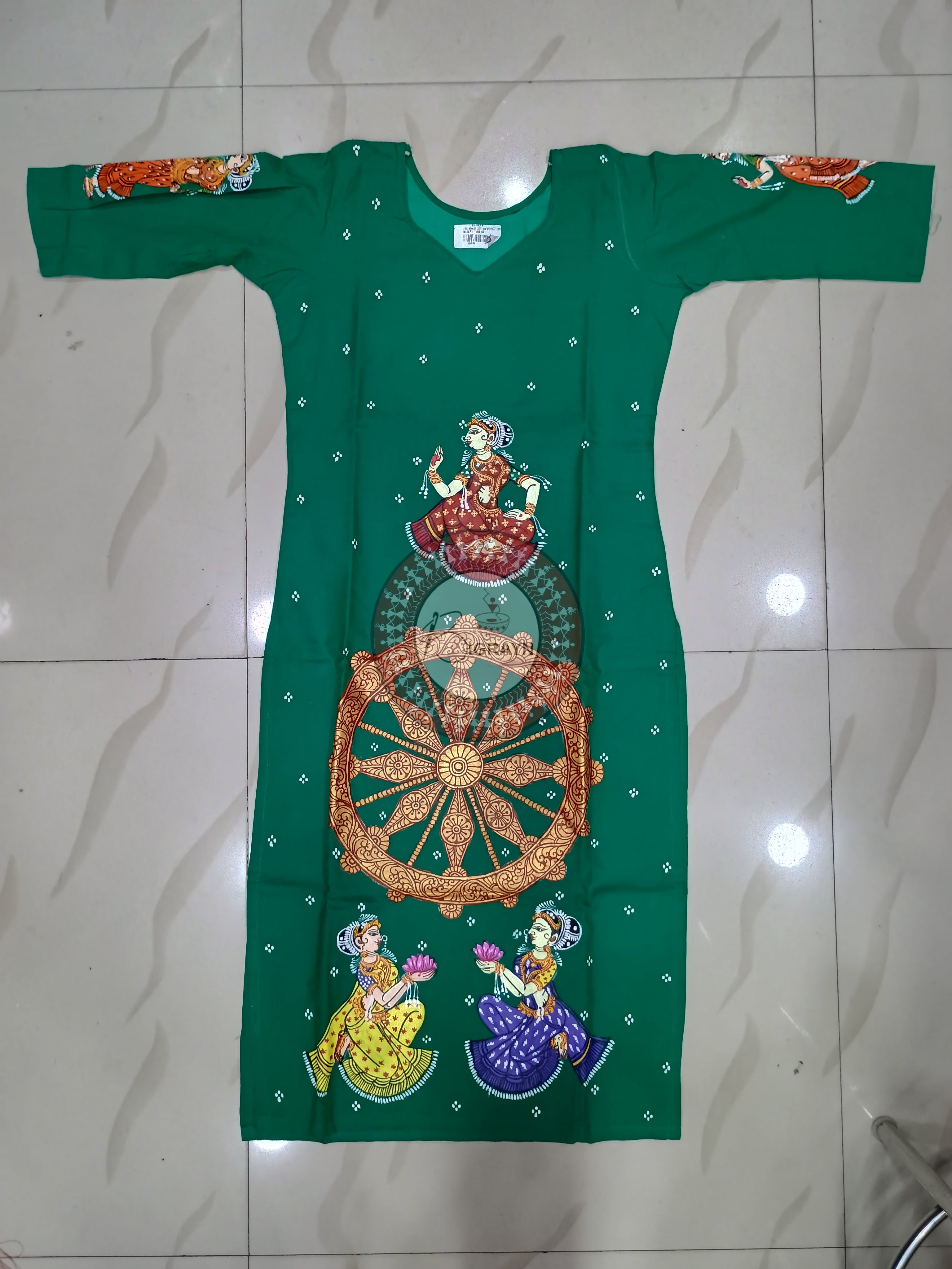 Sea Green Konark Wheel And Dancer Theme Hand Painted Pattachitra Kurti