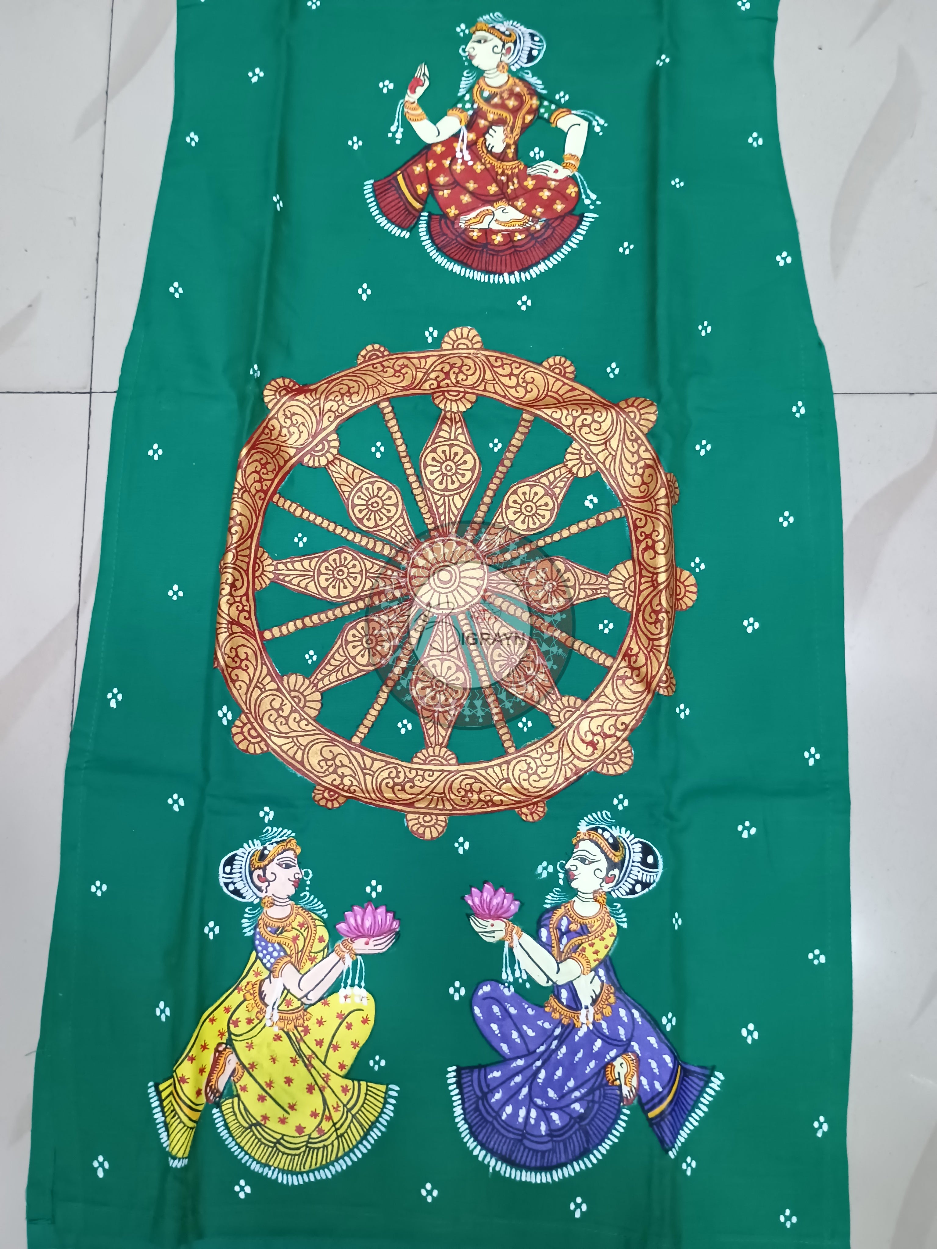 Sea Green Konark Wheel And Dancer Theme Hand Painted Pattachitra Kurti