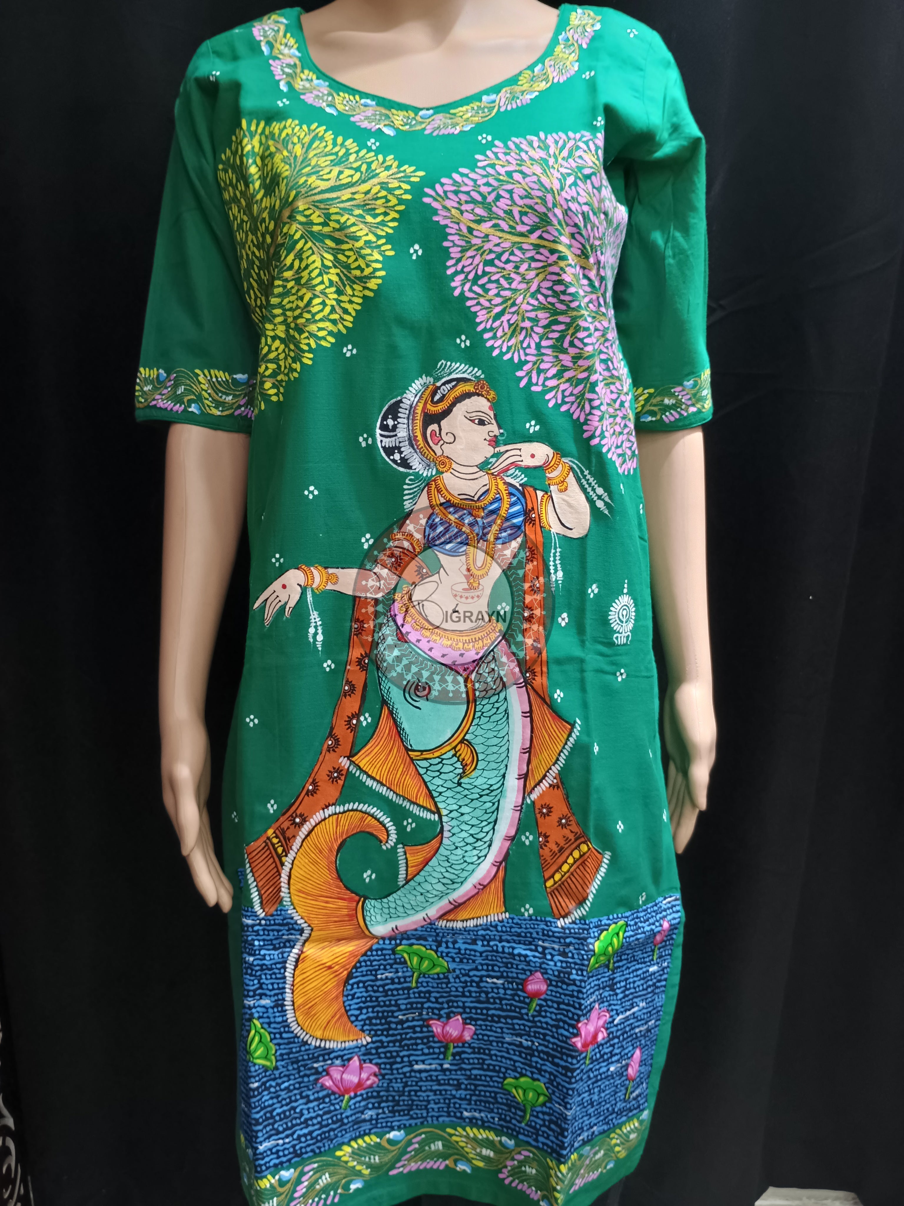 Sea Green Mastya Kanya Theme Hand Painted Pattachitra Kurti