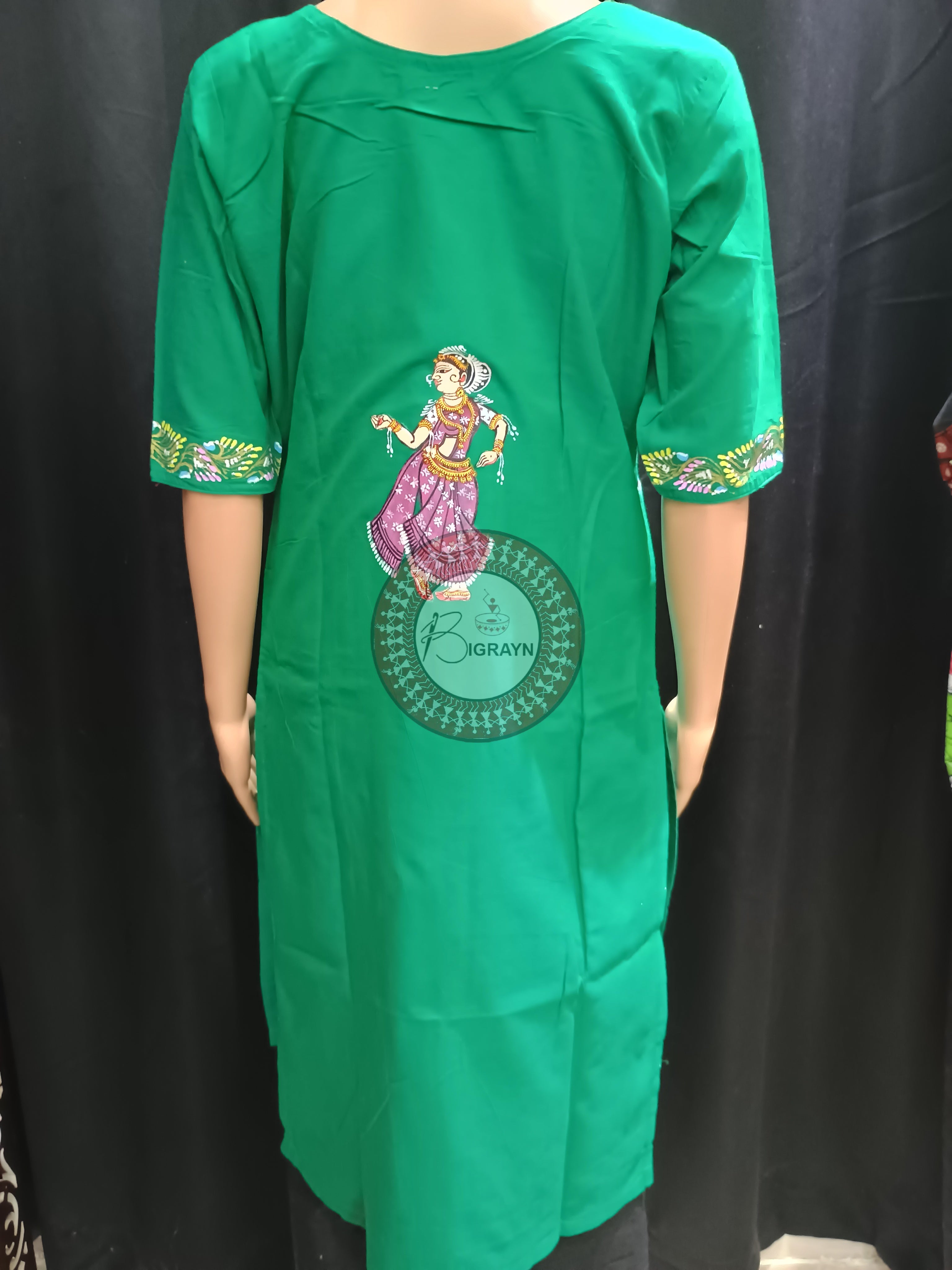 Sea Green Mastya Kanya Theme Hand Painted Pattachitra Kurti