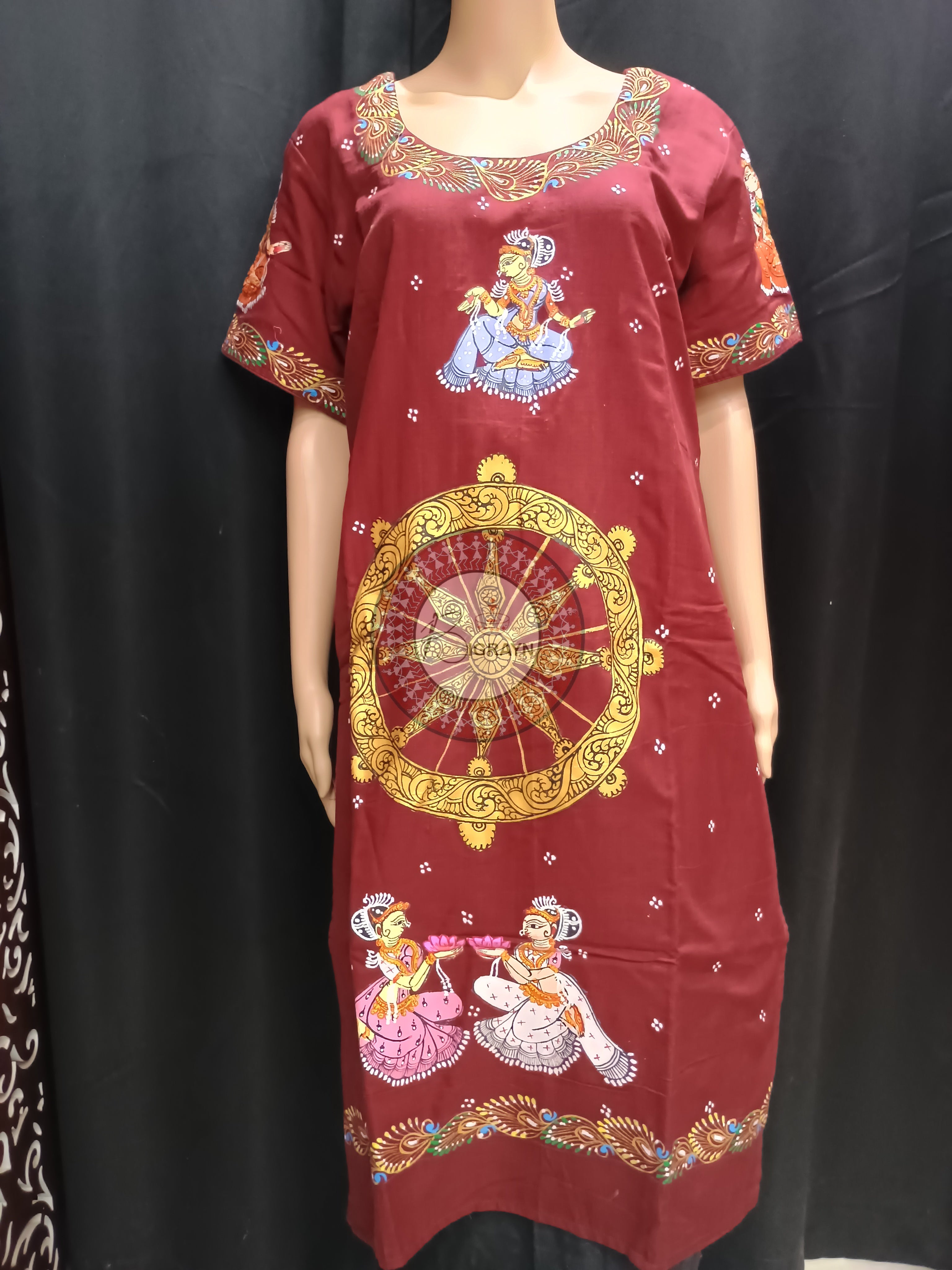 Maroon Konark Wheel And Dancer Theme Hand Painted Pattachitra Kurti