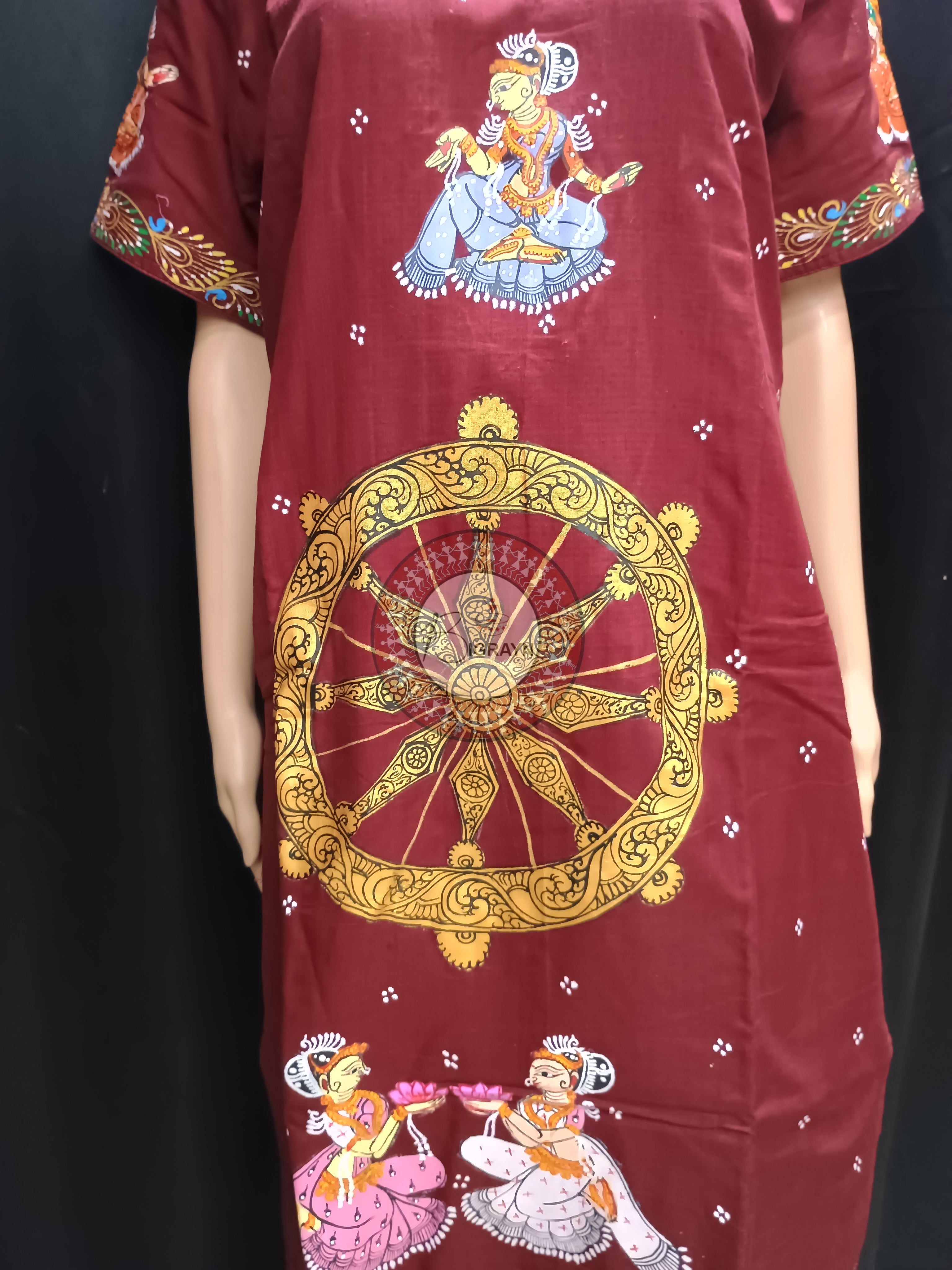Maroon Konark Wheel And Dancer Theme Hand Painted Pattachitra Kurti