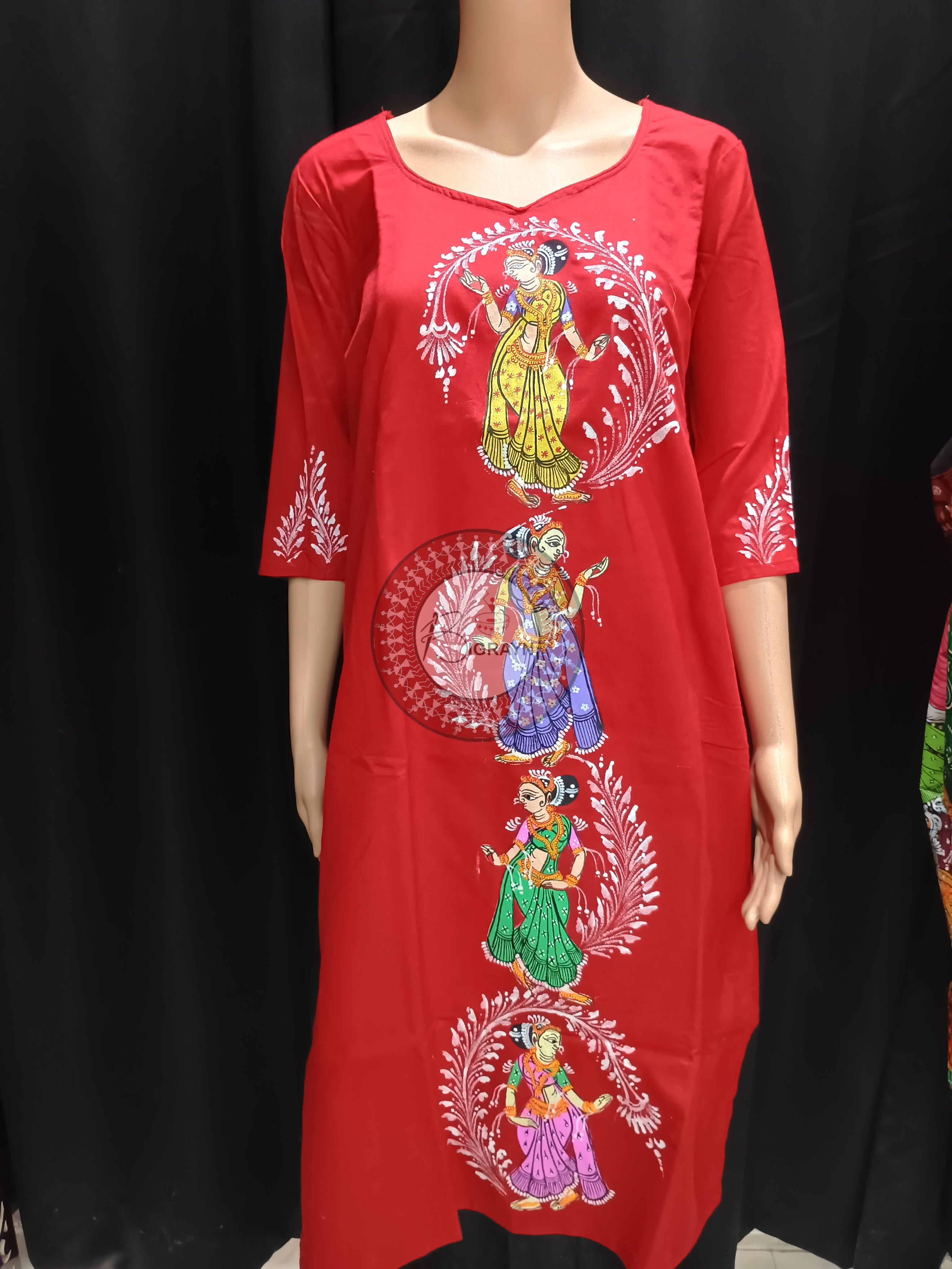 Red Dancer Theme Hand Painted Pattachitra Kurti
