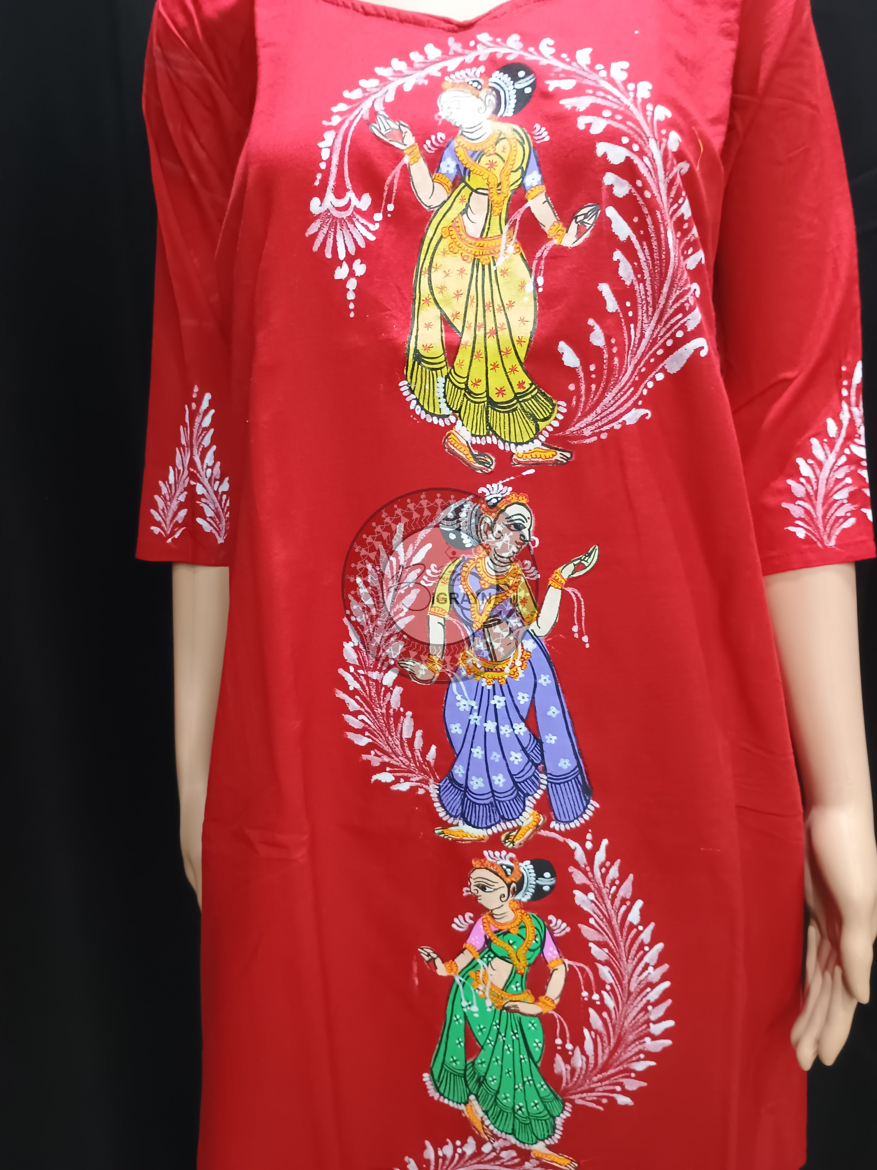 Red Dancer Theme Hand Painted Pattachitra Kurti