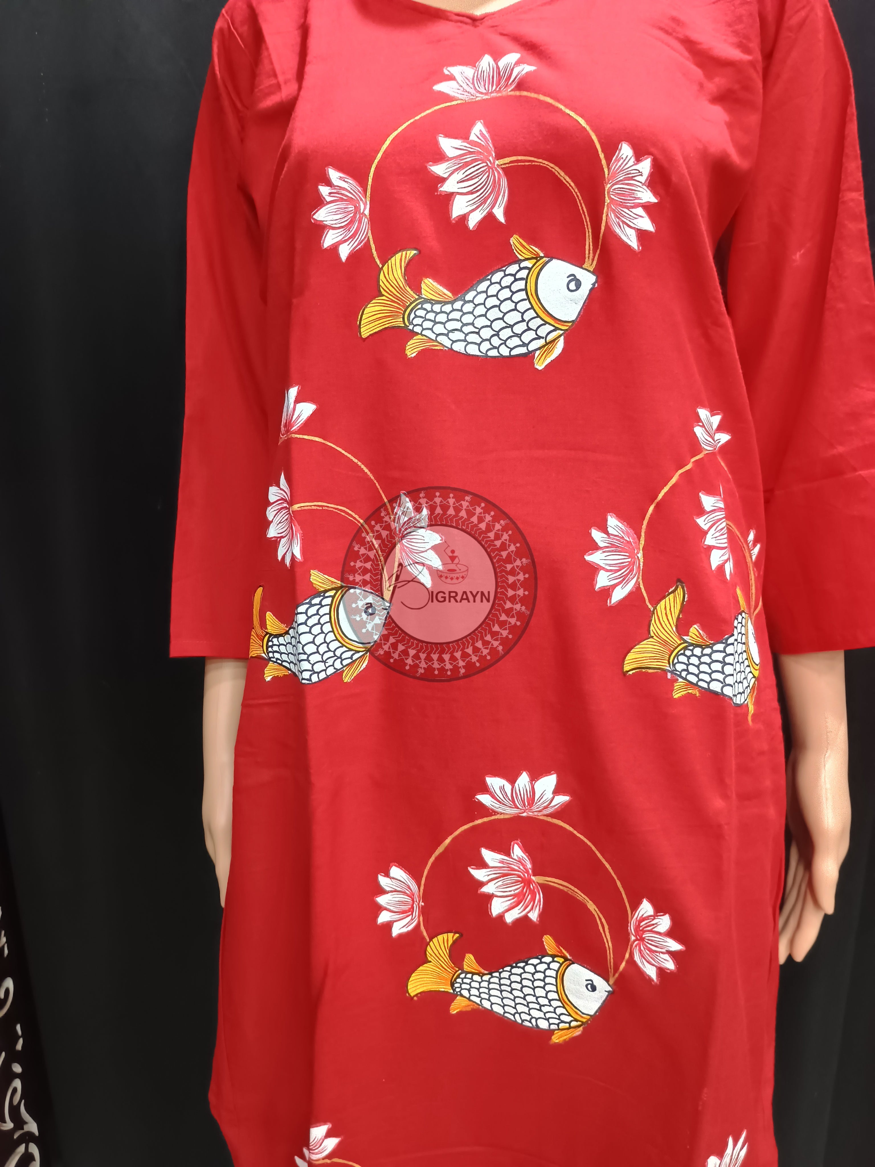 Red Lotus Fish Theme Hand Painted Pattachitra Kurti