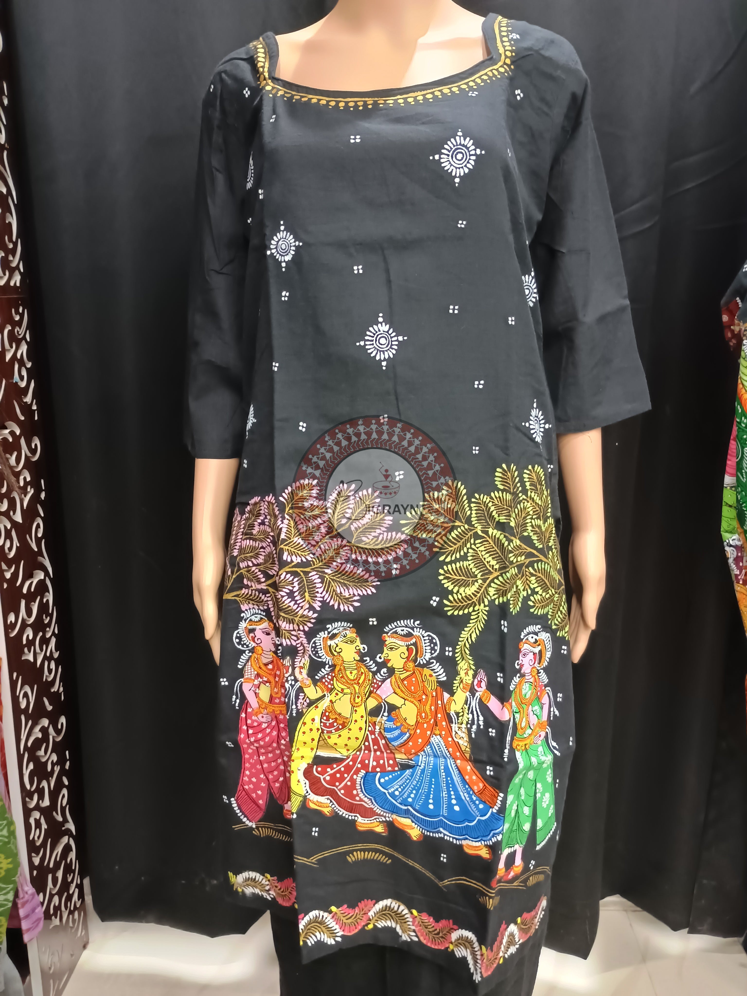 Black Raja Doli Theme Hand Painted Pattachitra Kurti